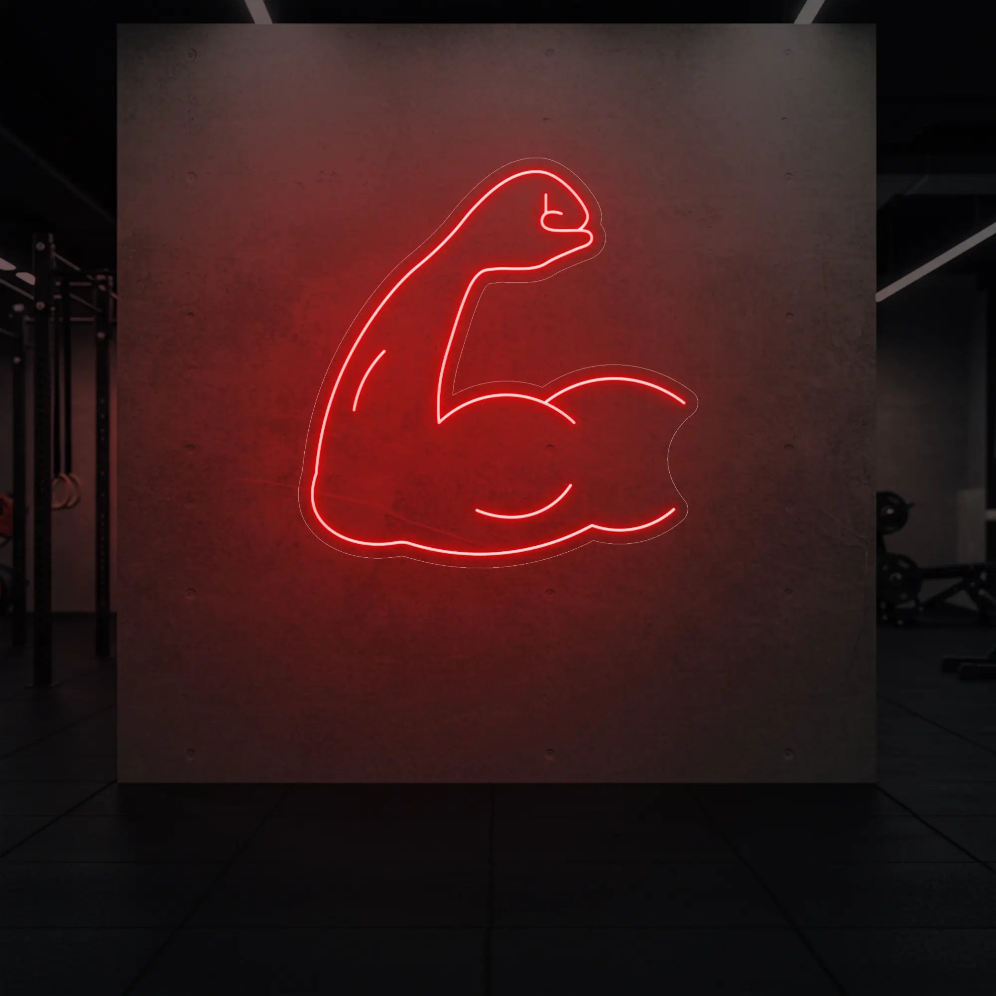 'Flexing Bicep Arm' neon sign glowing in red against a styled interior wall.