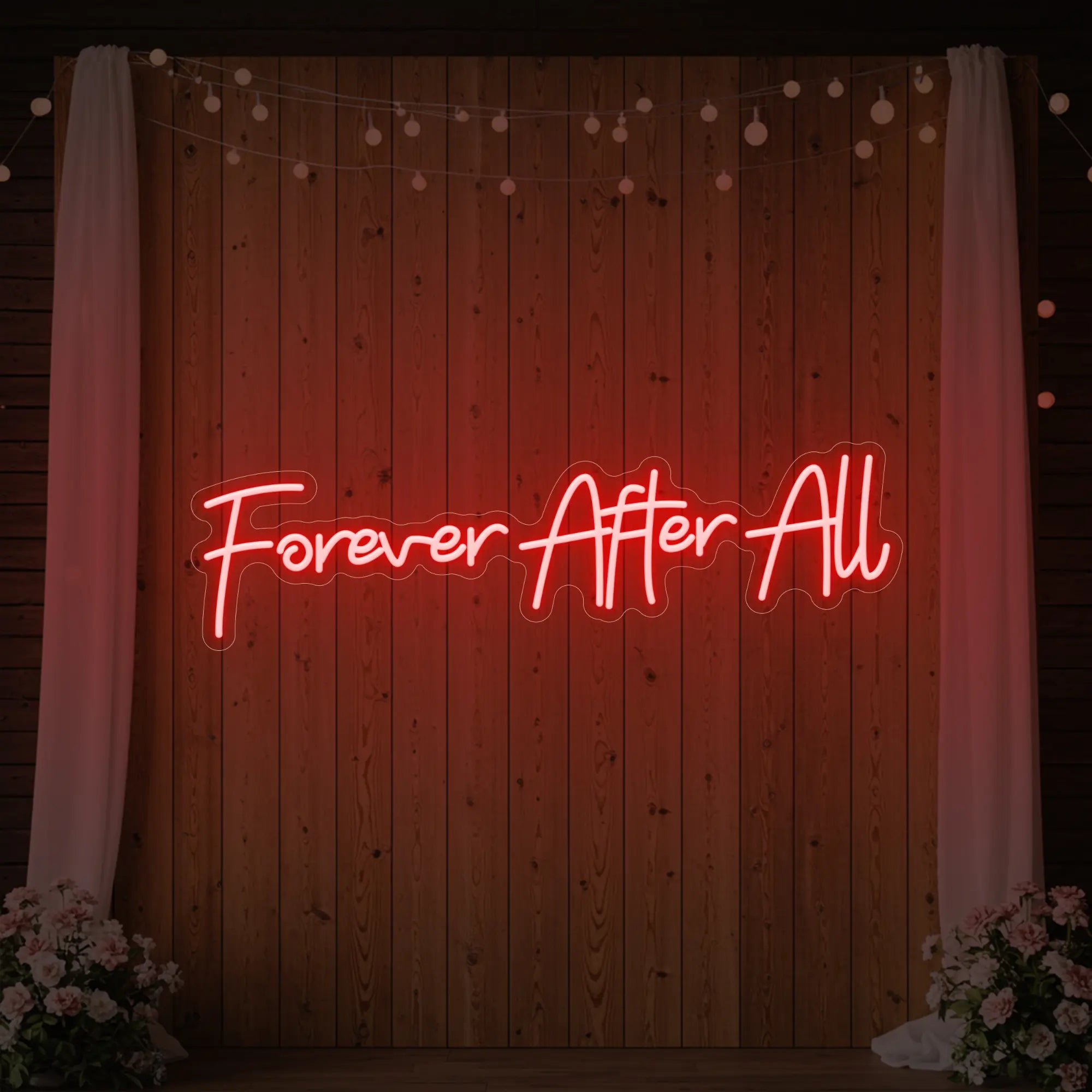 Photo of the 'Forever After All' neon sign glowing in red against a styled interior wall.