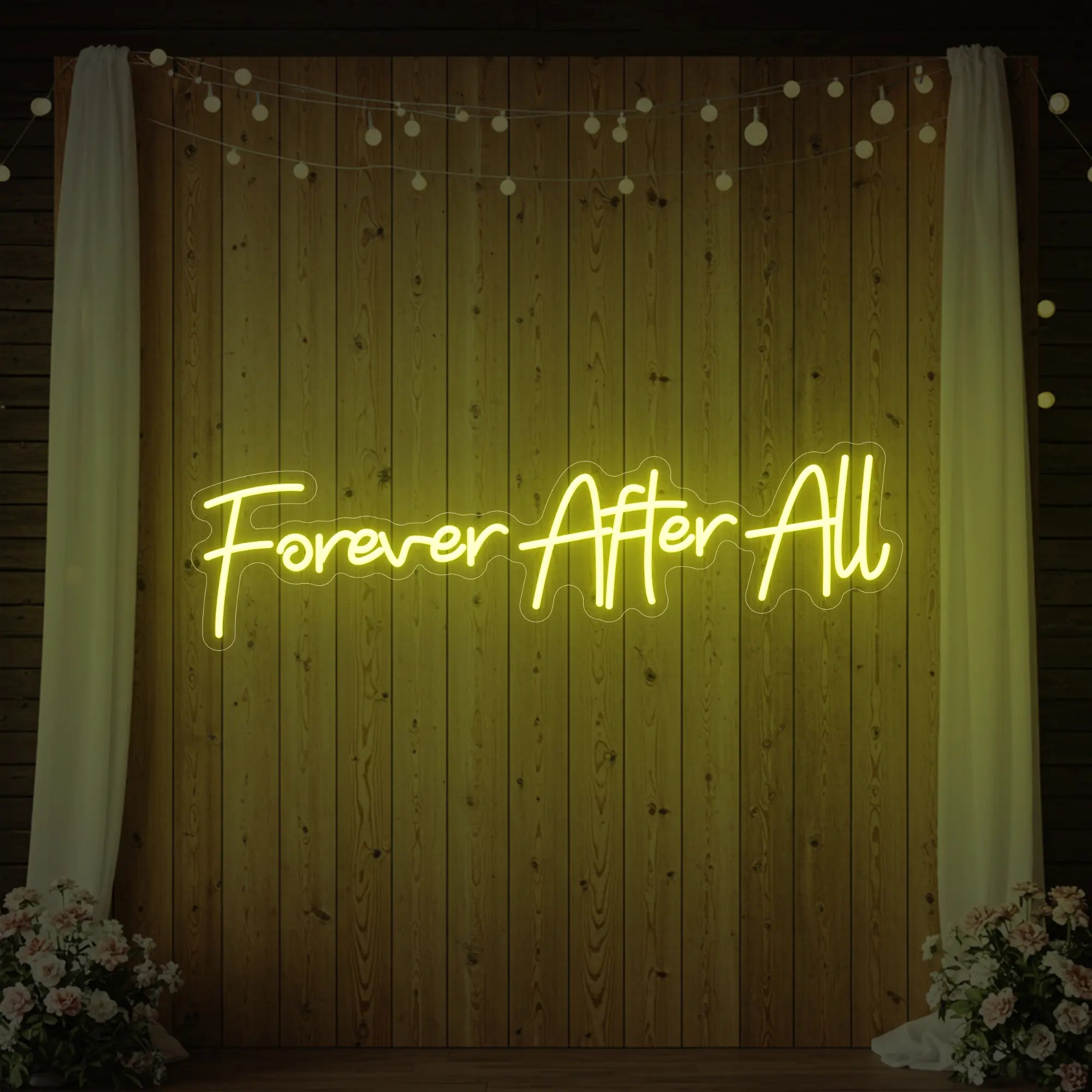 Photo of the 'Forever After All' neon sign glowing in lemon yellow against a styled interior wall.
