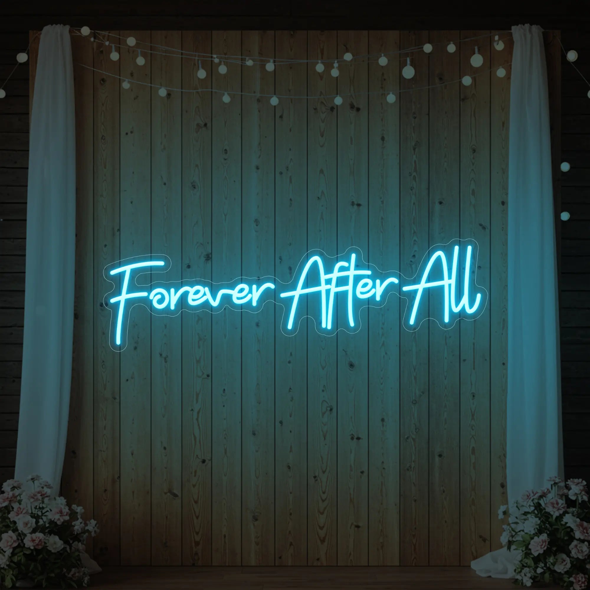 Photo of the 'Forever After All' neon sign glowing in ice blue against a styled interior wall.