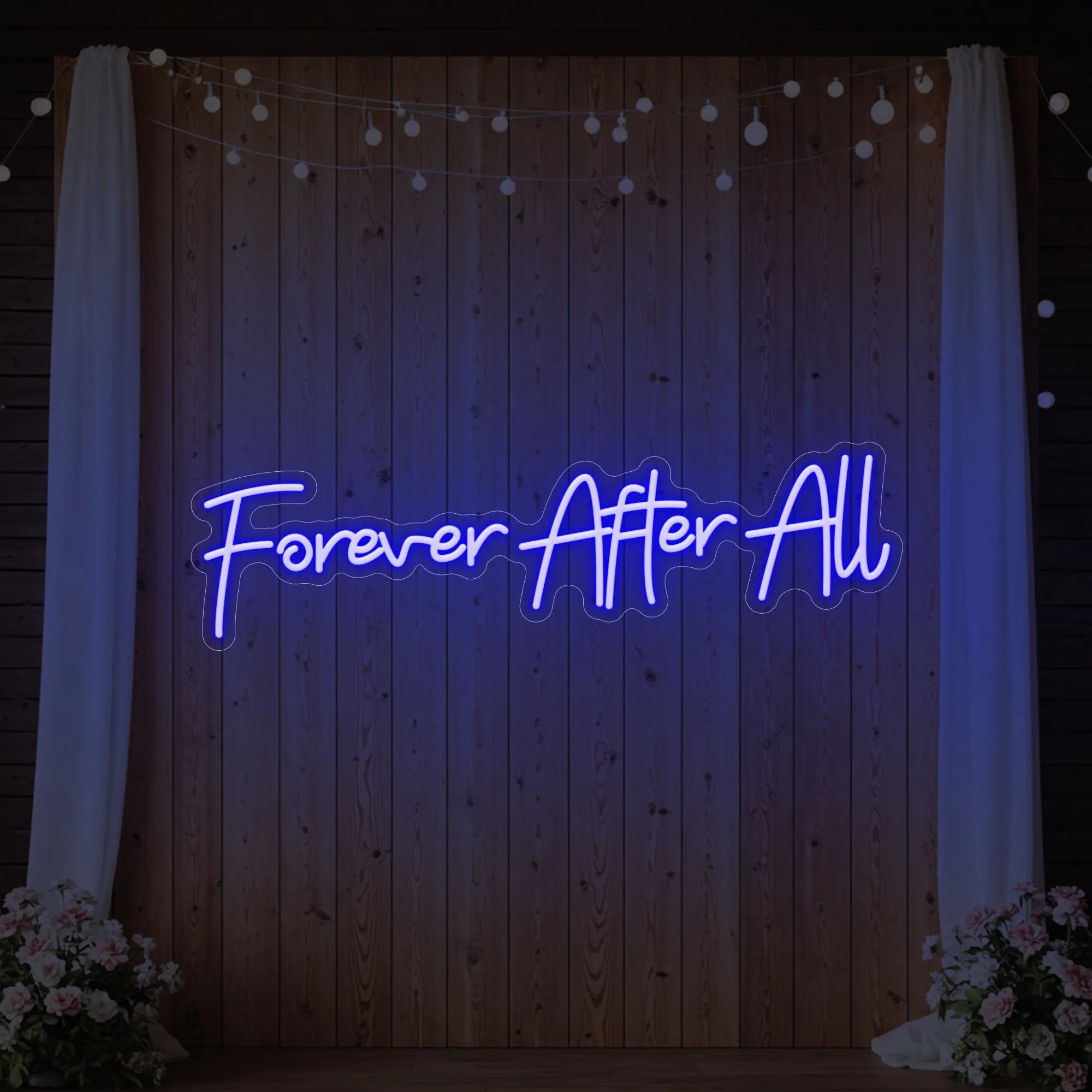 Photo of the 'Forever After All' neon sign glowing in deep blue against a styled interior wall.