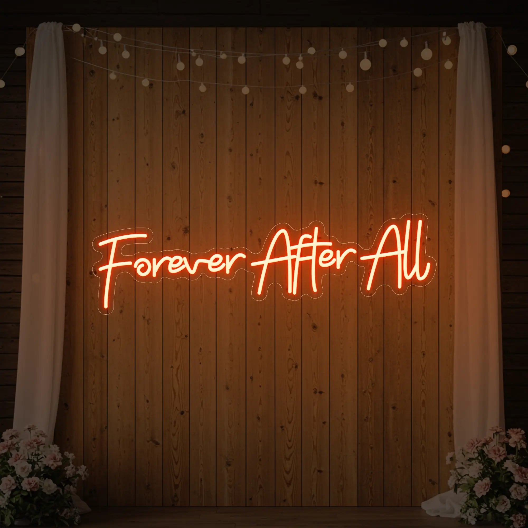 Photo of the 'Forever After All' neon sign glowing in golden yellow against a styled interior wall.