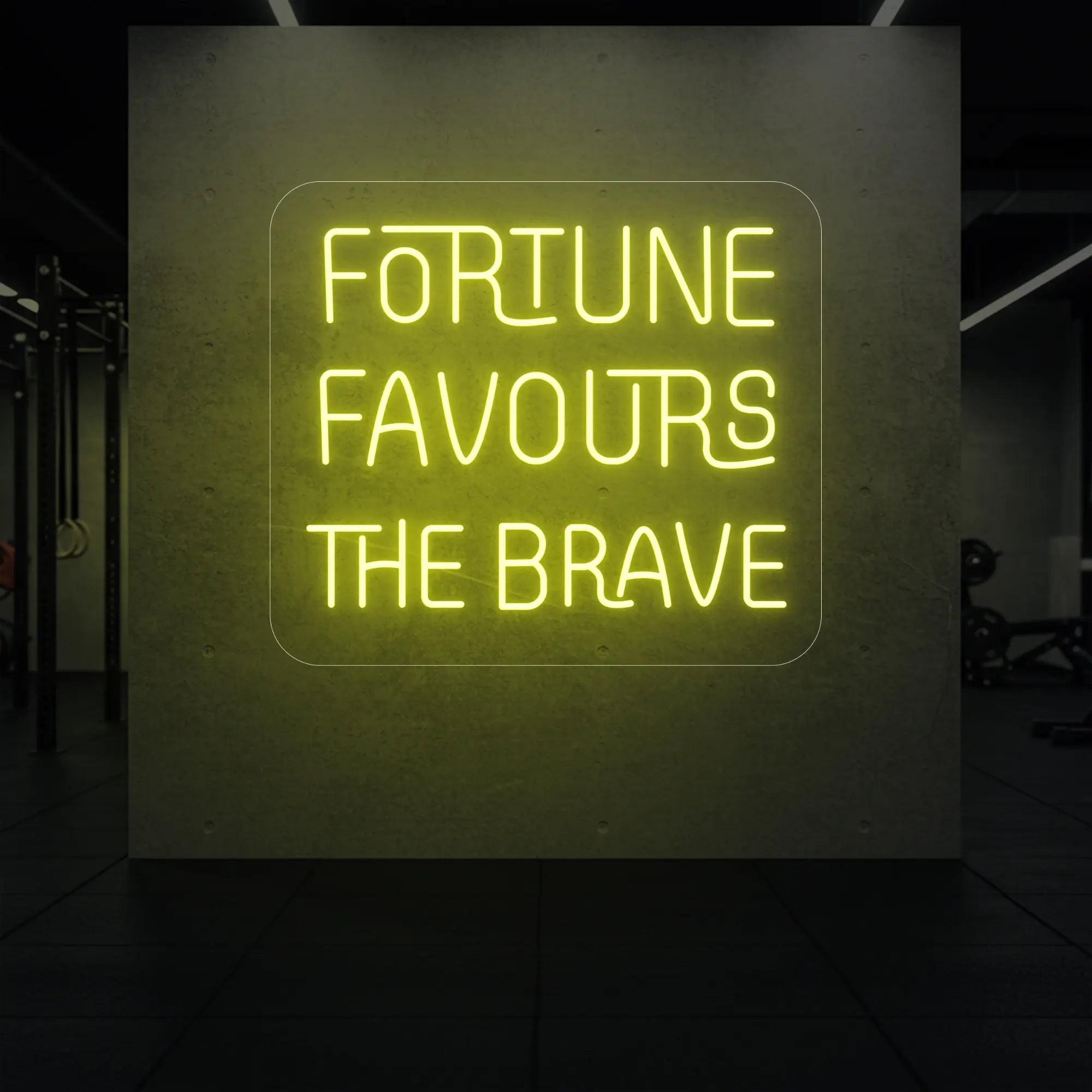 'Fortune Favours the Brave' neon sign glowing in lemon yellow against a styled interior wall.