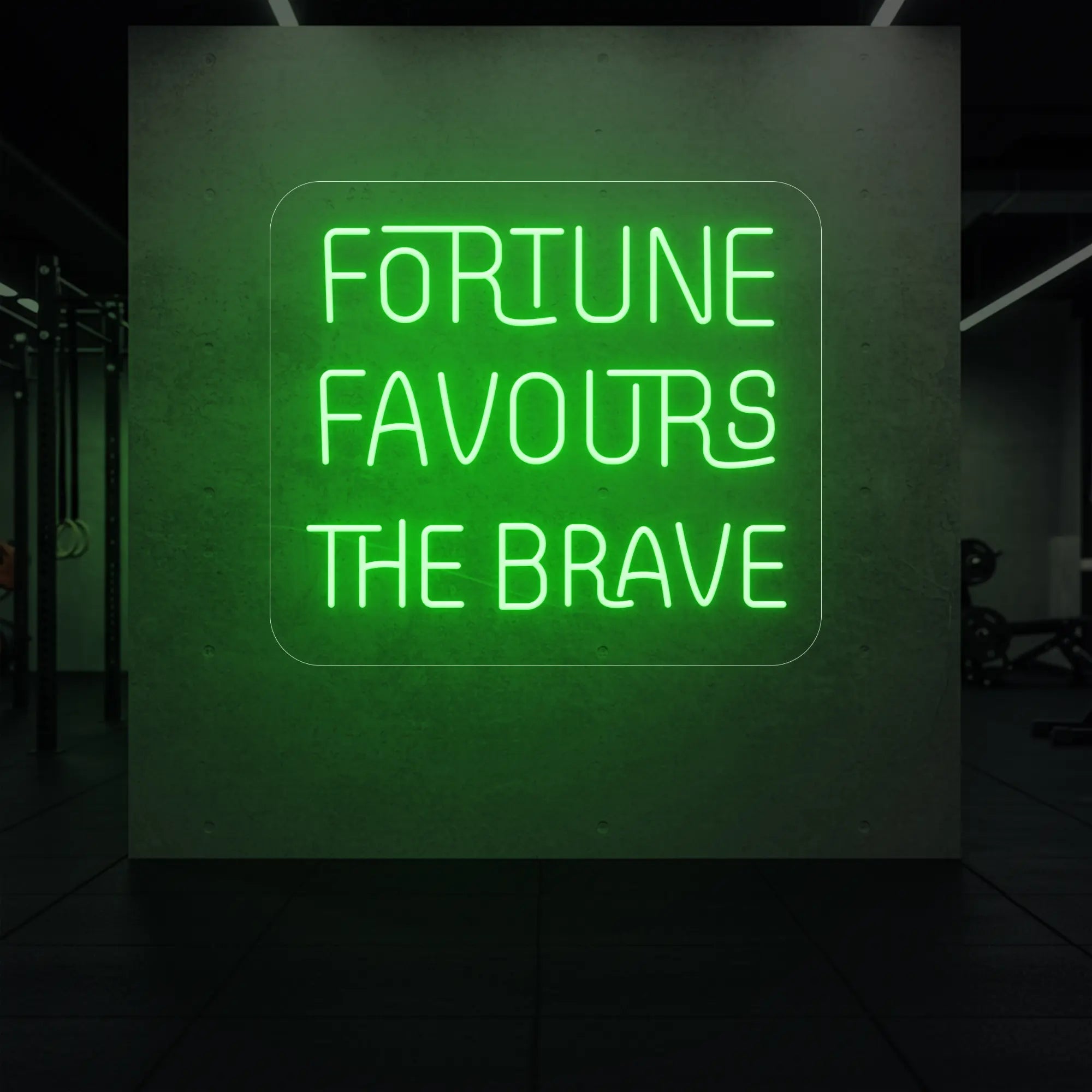 'Fortune Favours the Brave' neon sign glowing in green against a styled interior wall.