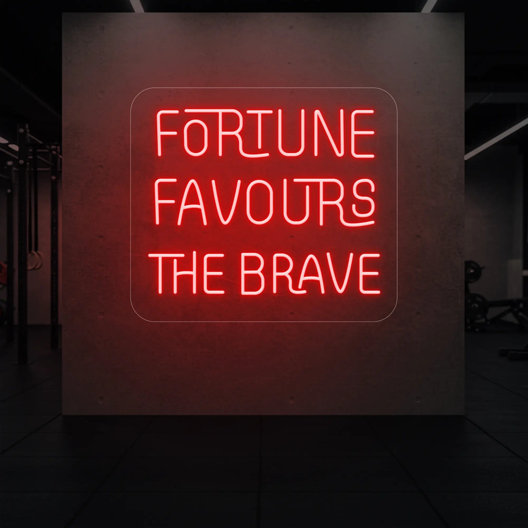 'Fortune Favours the Brave' neon sign glowing in red against a styled interior wall.