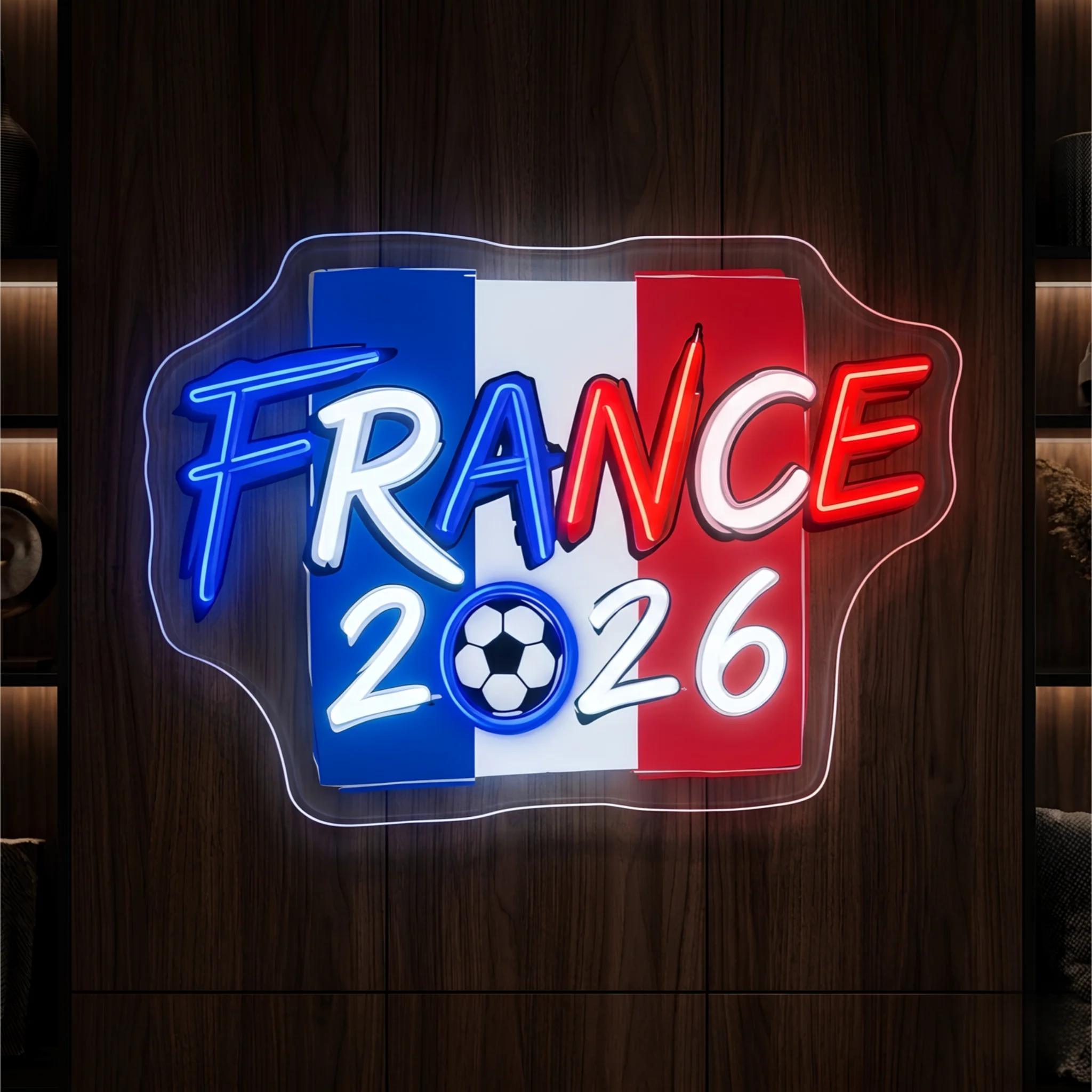 France 2026 LED neon sign featuring blue white and red football-inspired illuminated design