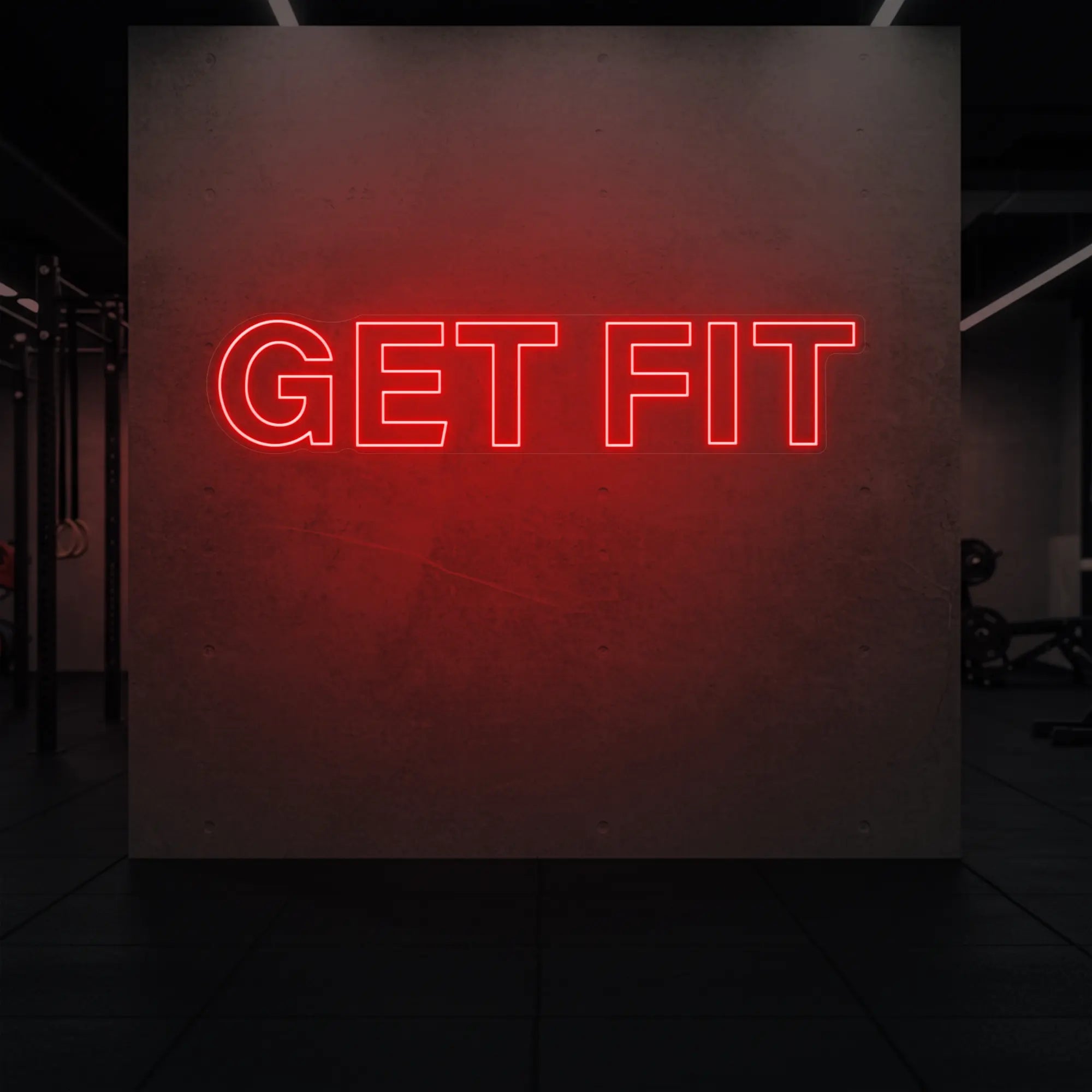 'Get Fit' neon sign glowing in red against a styled interior wall.