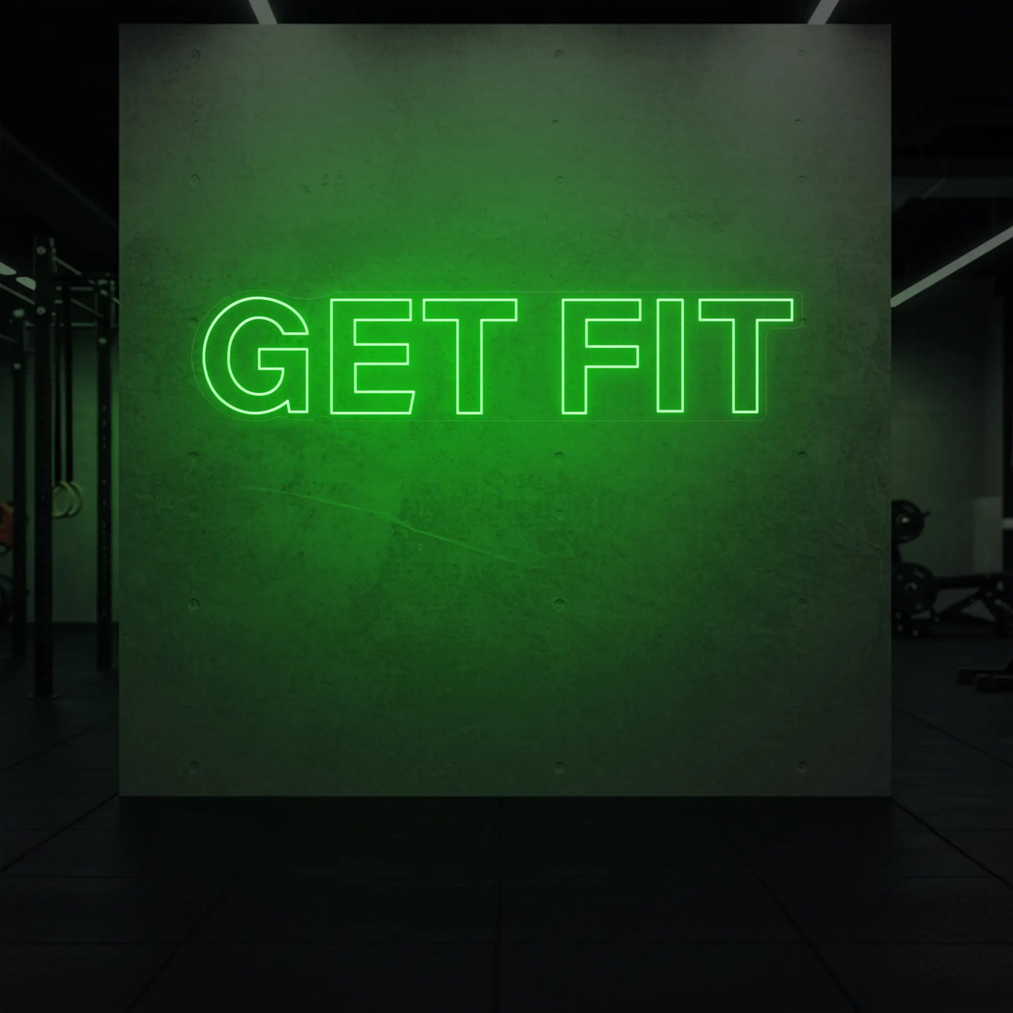 'Get Fit' neon sign glowing in green against a styled interior wall.