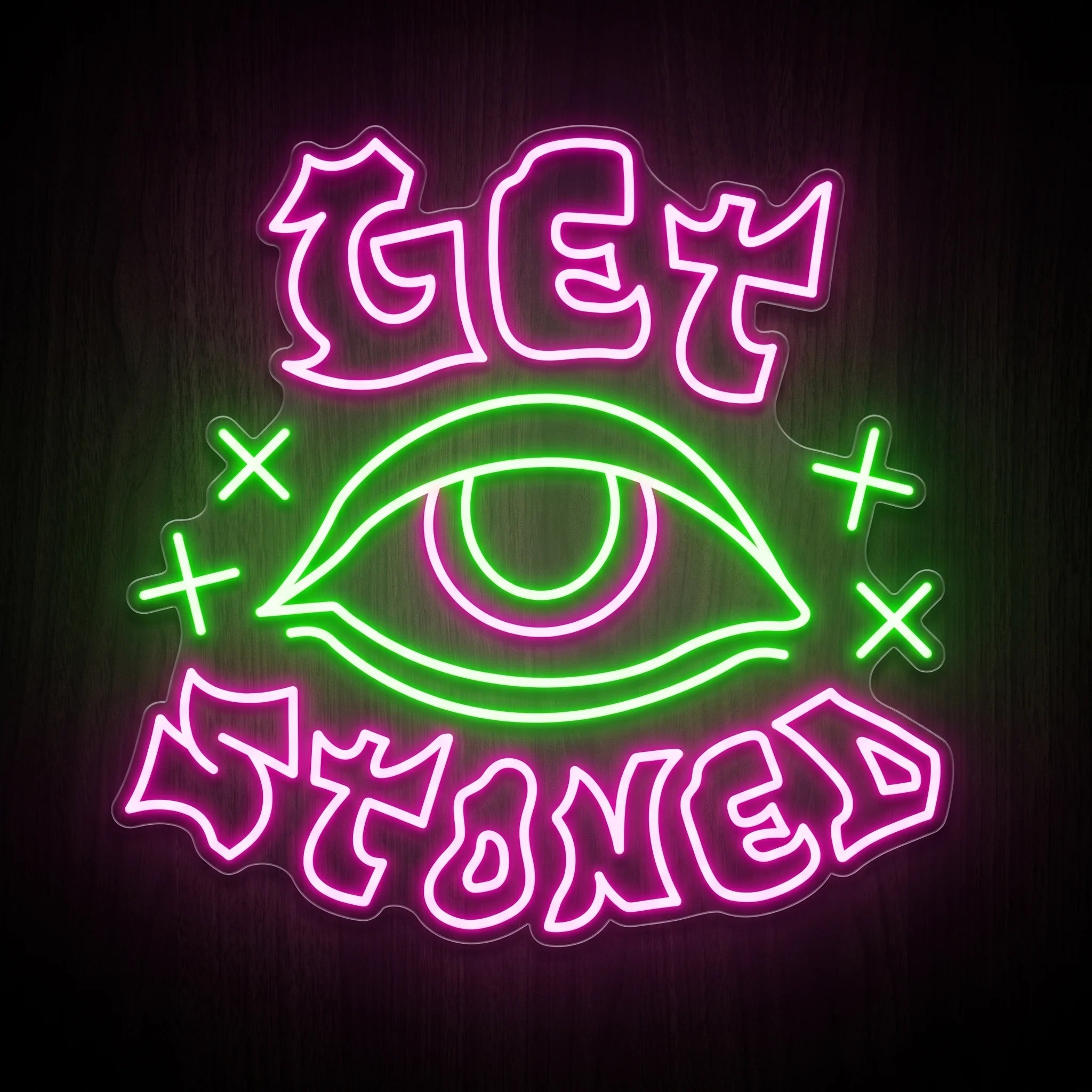 Get Stoned Eye LED neon sign with pink lettering, green eye graphic, and clear acrylic backing for recreational wall dΓ©cor.