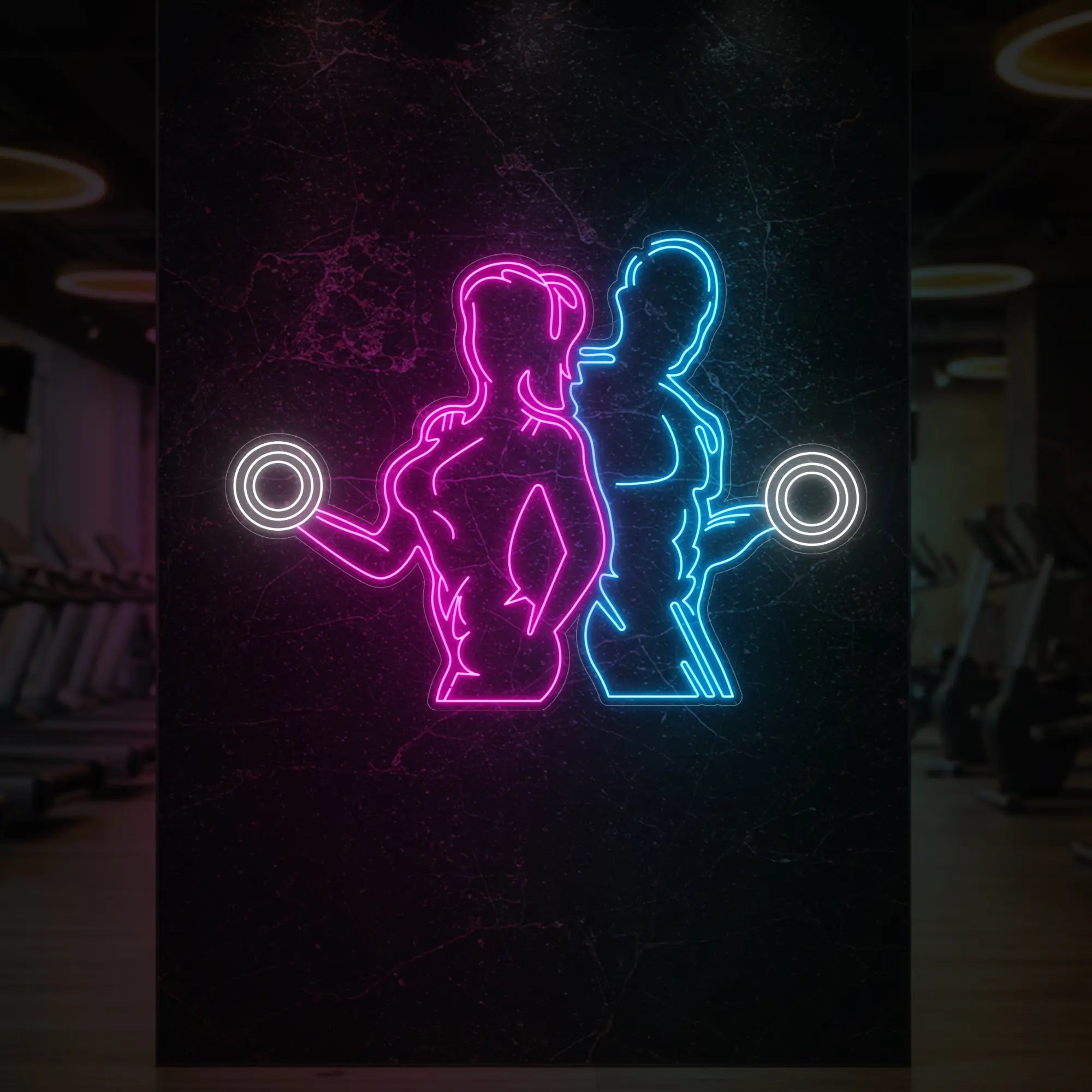 'Girl & Guy Lifters' neon sign glowing in light pink, ice blue and cool white against a styled interior wall.