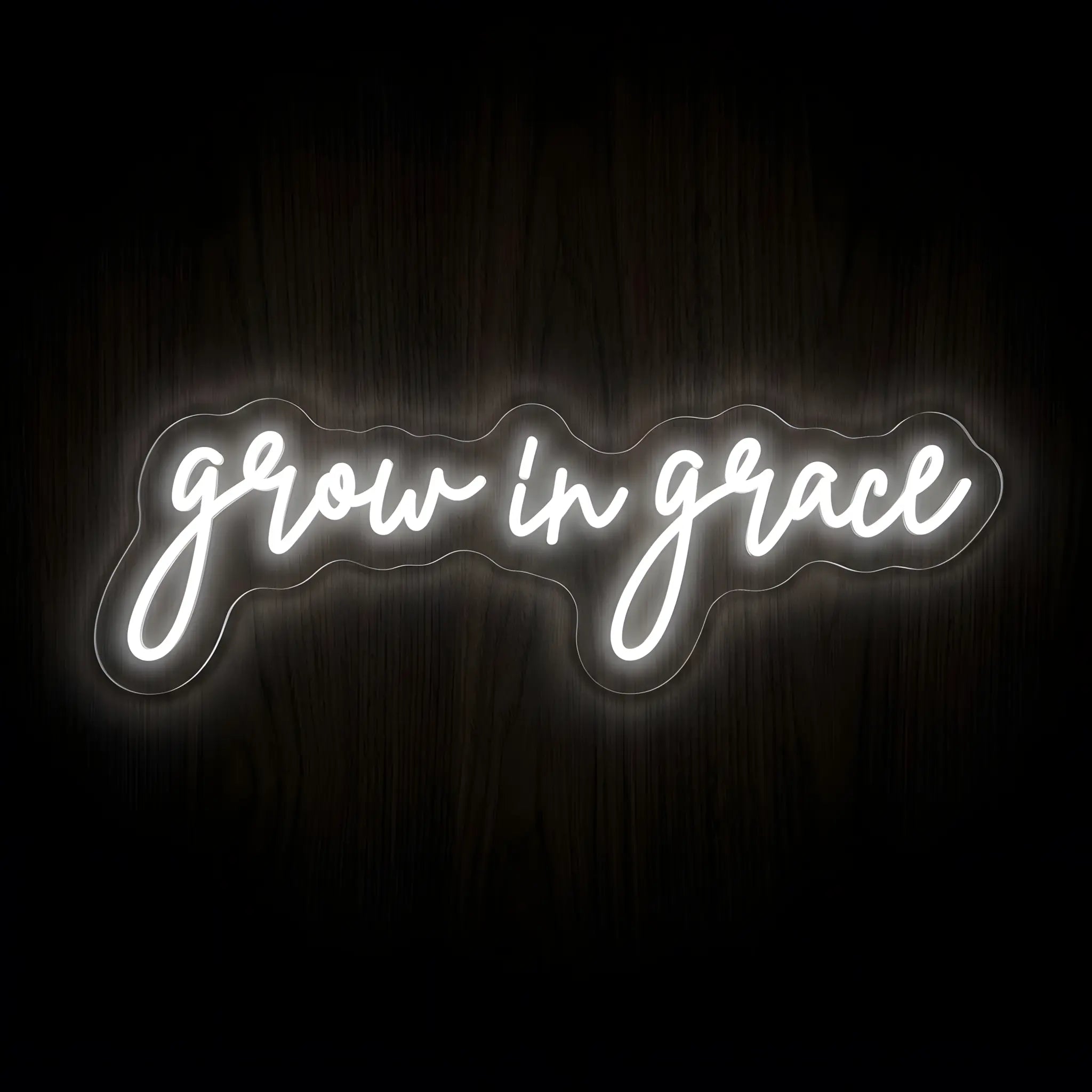 Grow in Grace LED neon sign with bright white illumination on precision-cut acrylic backing, Christian wall decor featuring an inspirational faith message.