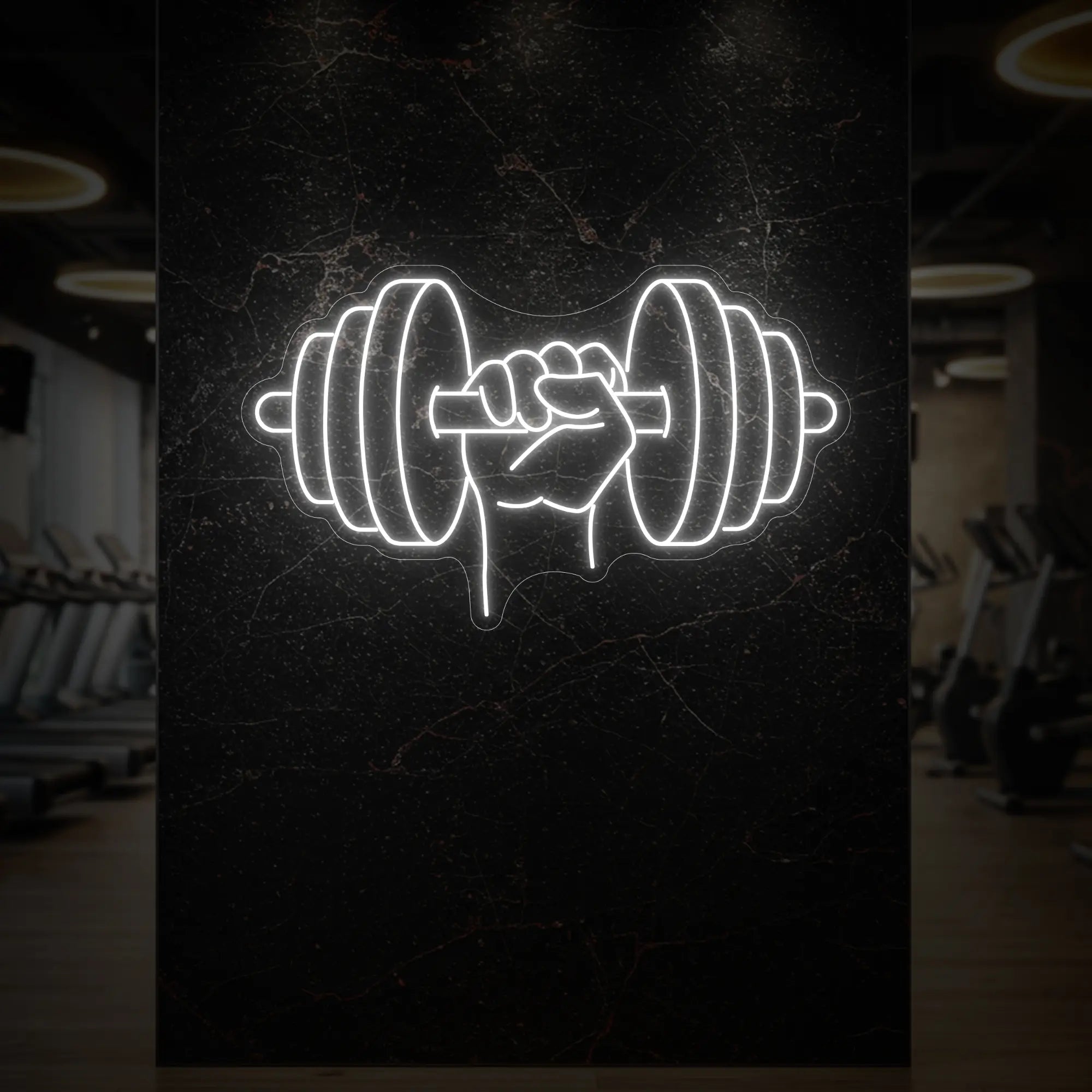 'Hand Holding a Weight' neon sign glowing in cool white against a styled interior wall.