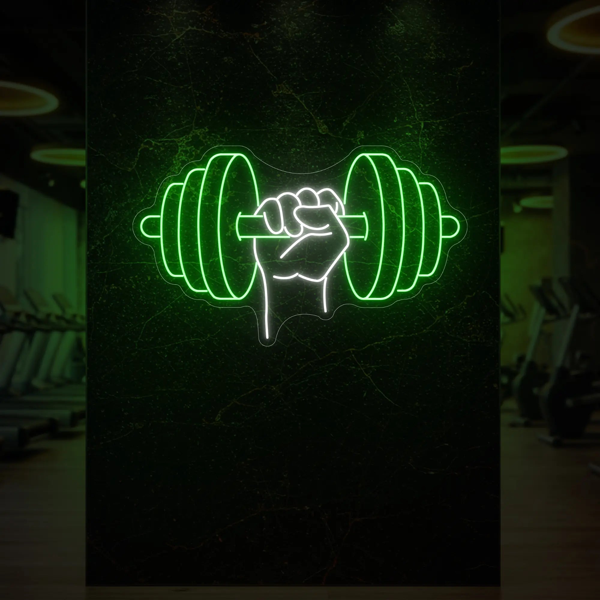 'Hand Holding a Weight' neon sign glowing in green against a styled interior wall.