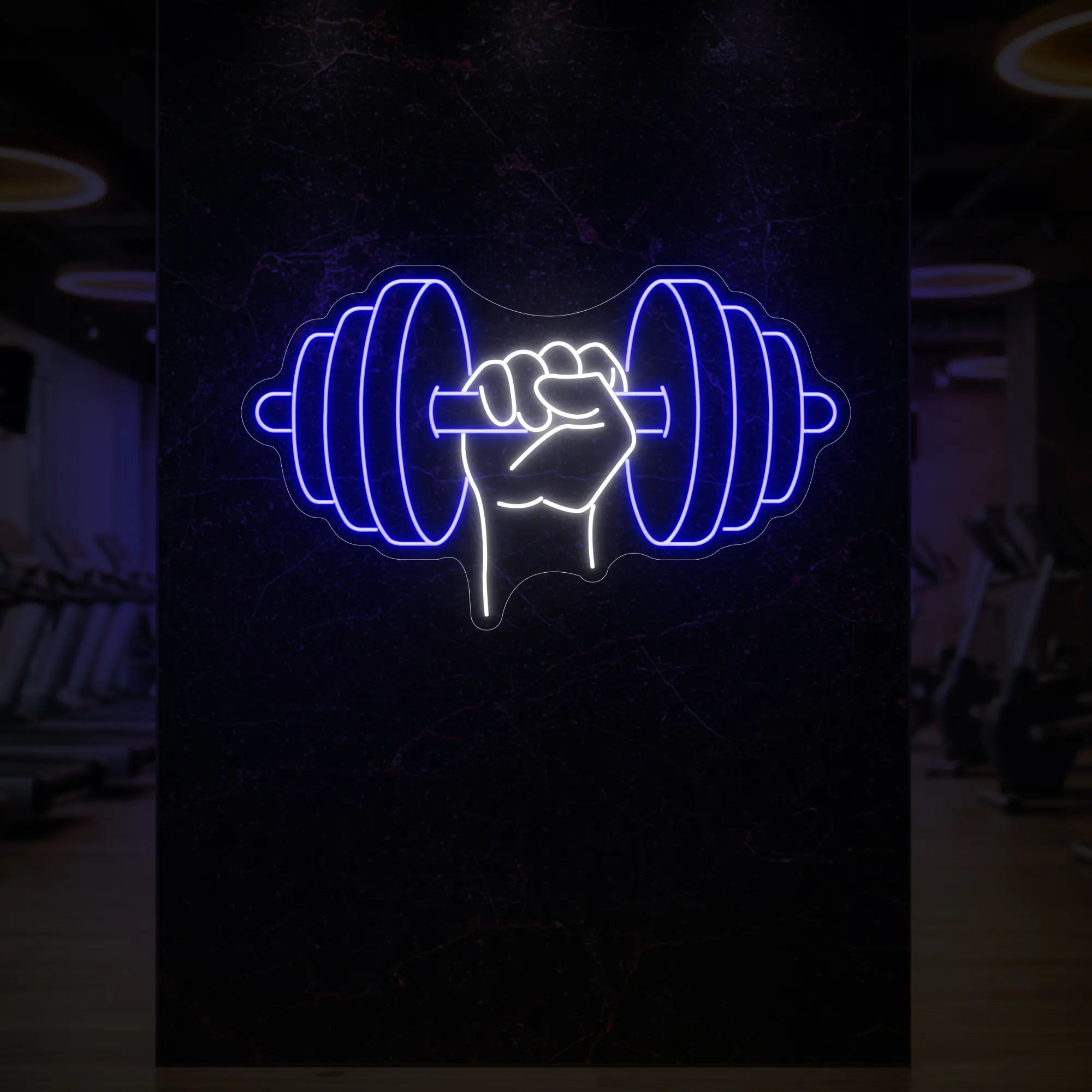 'Hand Holding a Weight' neon sign glowing in deep blue against a styled interior wall.
