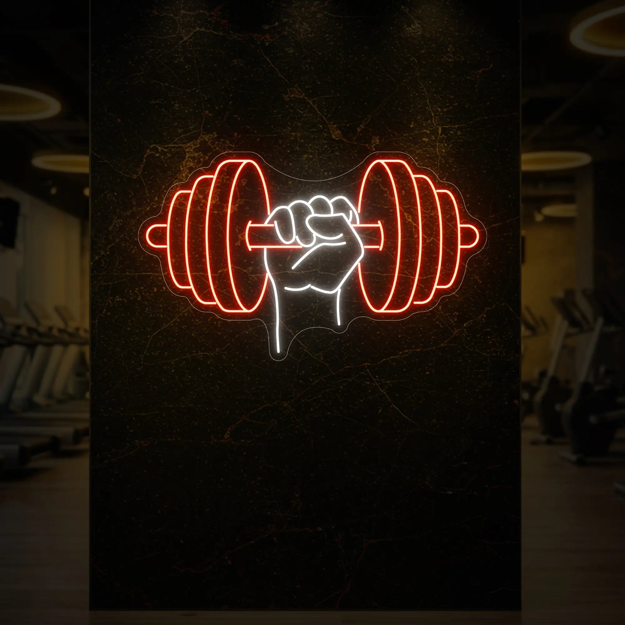 'Hand Holding a Weight' neon sign glowing in golden yellow against a styled interior wall.