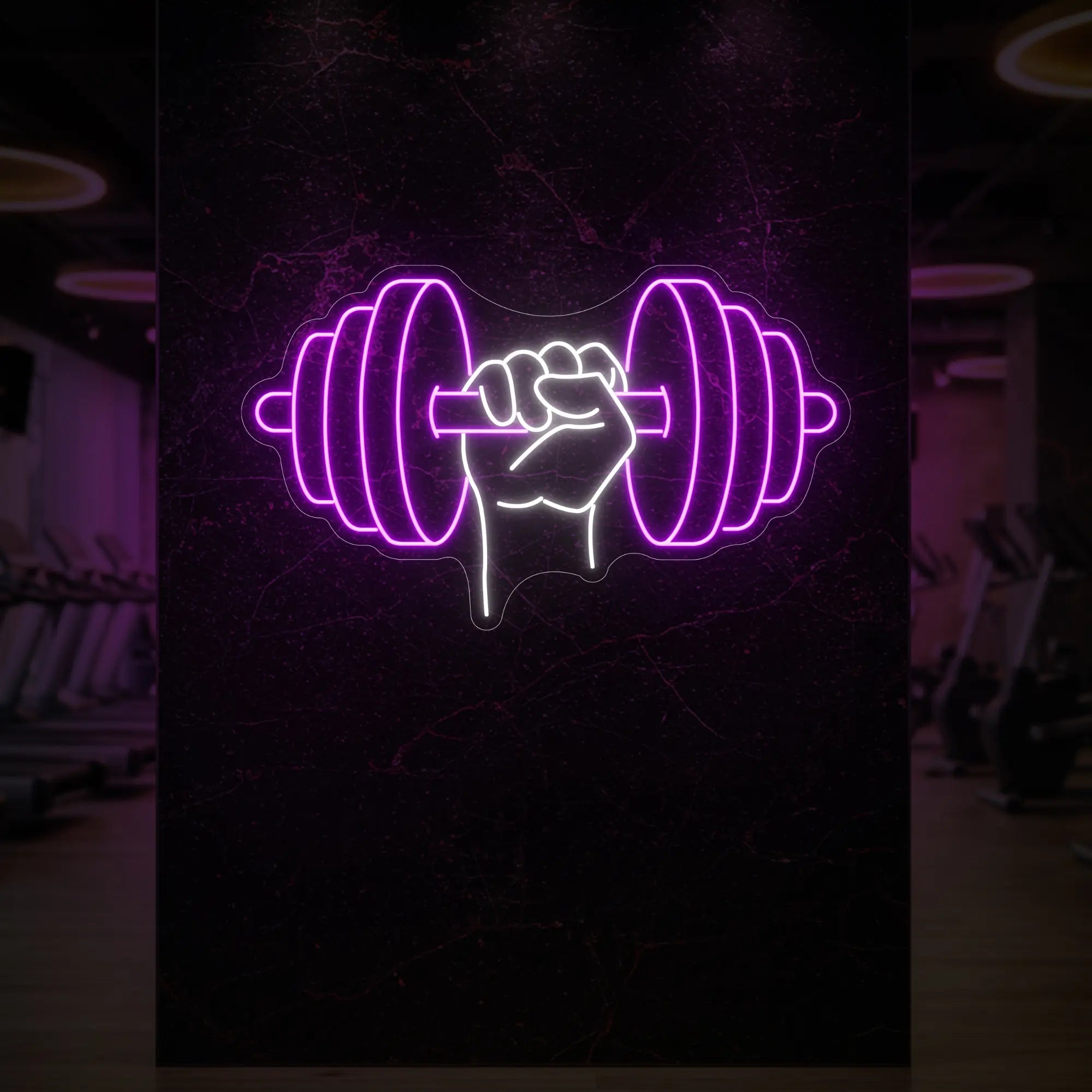'Hand Holding a Weight' neon sign glowing in deep pink against a styled interior wall.