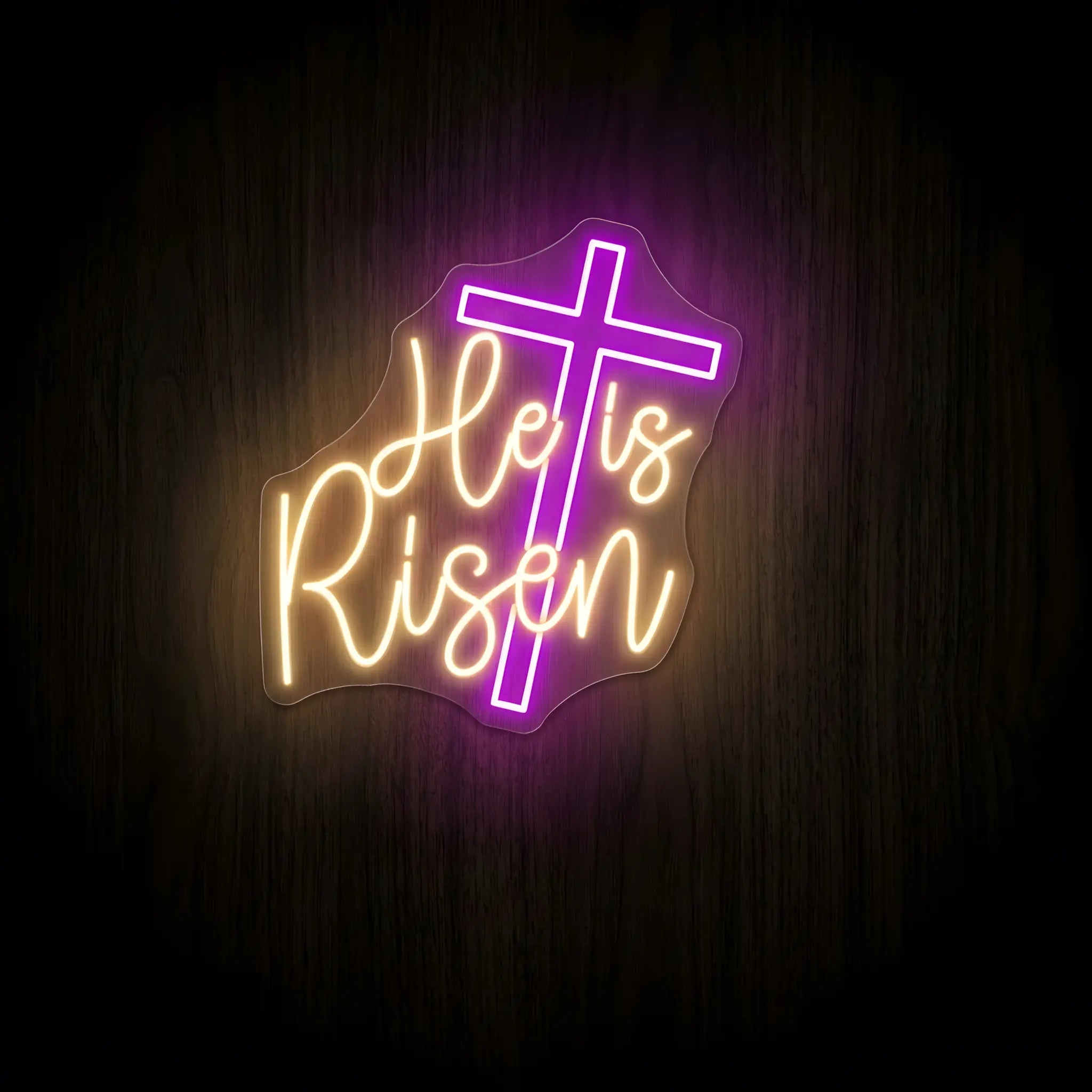 He Is Risen LED neon sign featuring a glowing purple cross with warm white script on a precision-cut clear acrylic backing for Christian wall decor.
