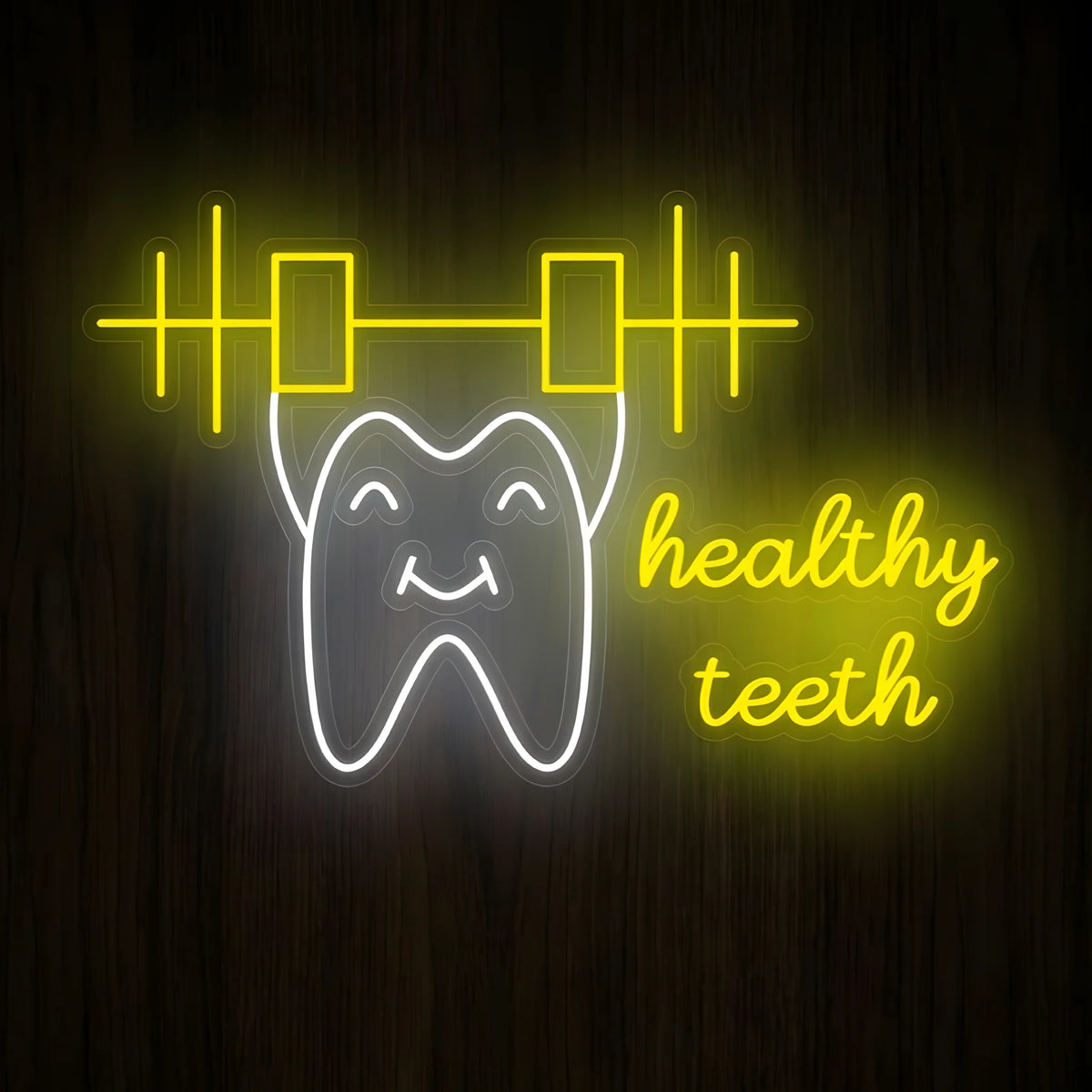 Healthy Teeth Fitness LED neon sign featuring a smiling white tooth lifting a yellow barbell with glowing yellow healthy teeth script lettering on clear acrylic backing for dental clinic wall decor.