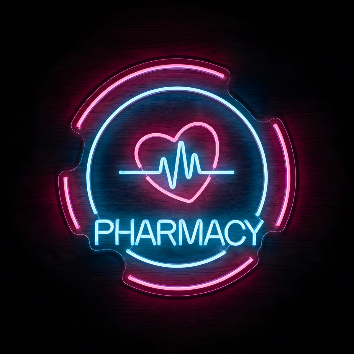 Heartbeat Pharmacy LED Neon Sign featuring blue PHARMACY lettering, a pink heart with a blue ECG heartbeat line, and a pink and blue circular border on clear acrylic against a dark wooden wall.
