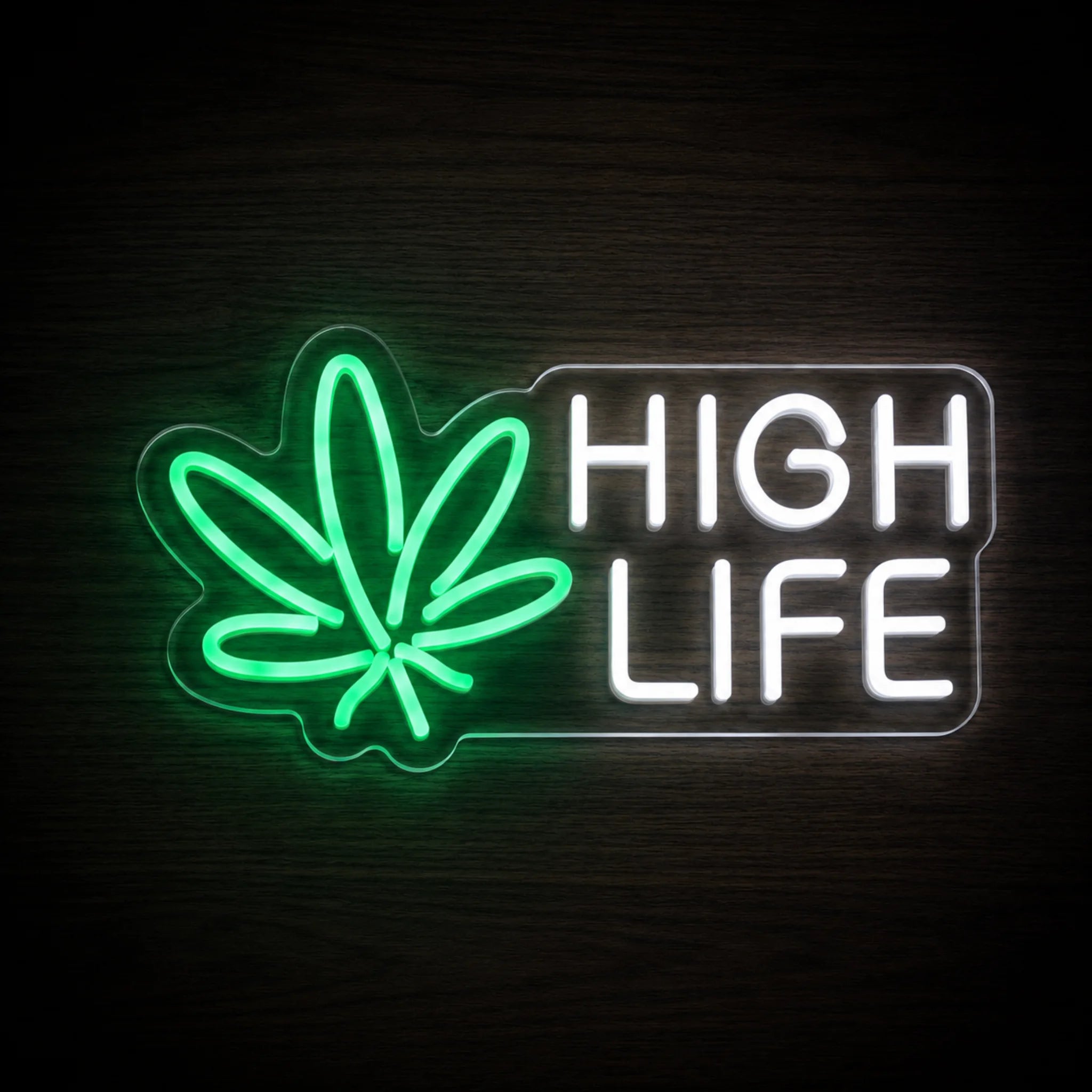 High Life Cannabis LED neon sign featuring a bright green cannabis leaf with bold white HIGH LIFE lettering on a clear acrylic backing.