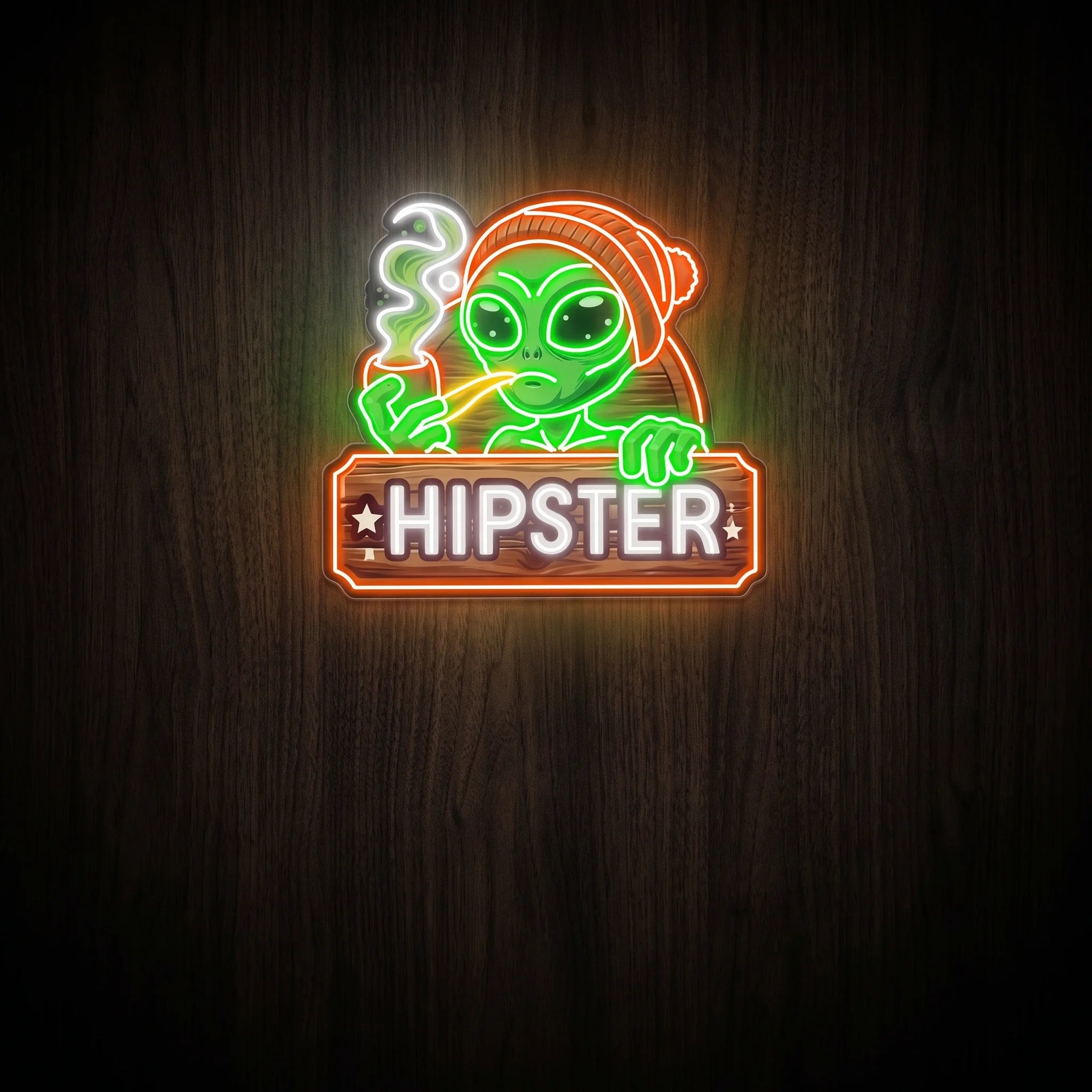 Hipster Alien LED neon sign featuring a green alien with a beanie, smoking pipe, HIPSTER lettering, and clear acrylic backing for recreational wall décor.