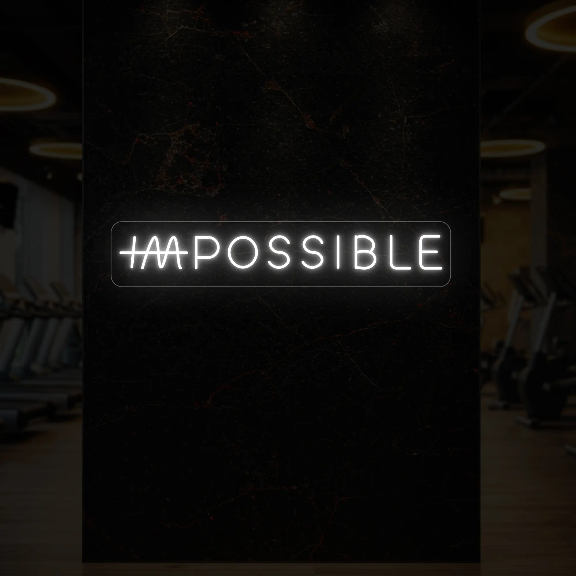 'IMPOSSIBLE' neon sign with the “IM” crossed out, glowing in cool white against a styled interior wall.