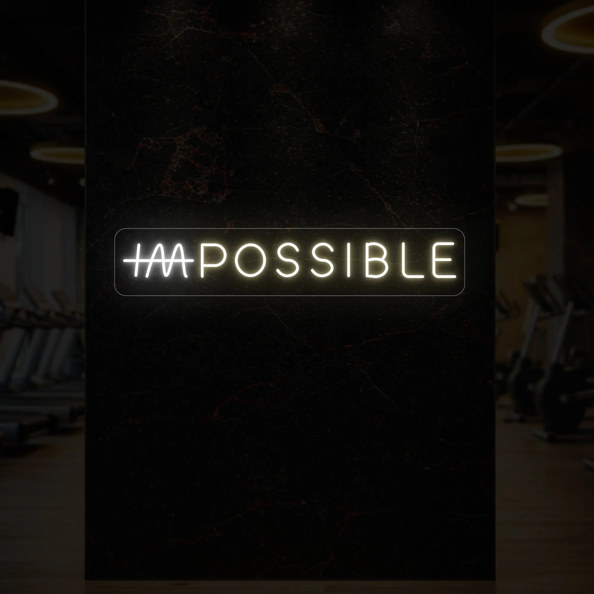 'IMPOSSIBLE' neon sign with the “IM” crossed out, glowing in warm white and cool white against a styled interior wall.