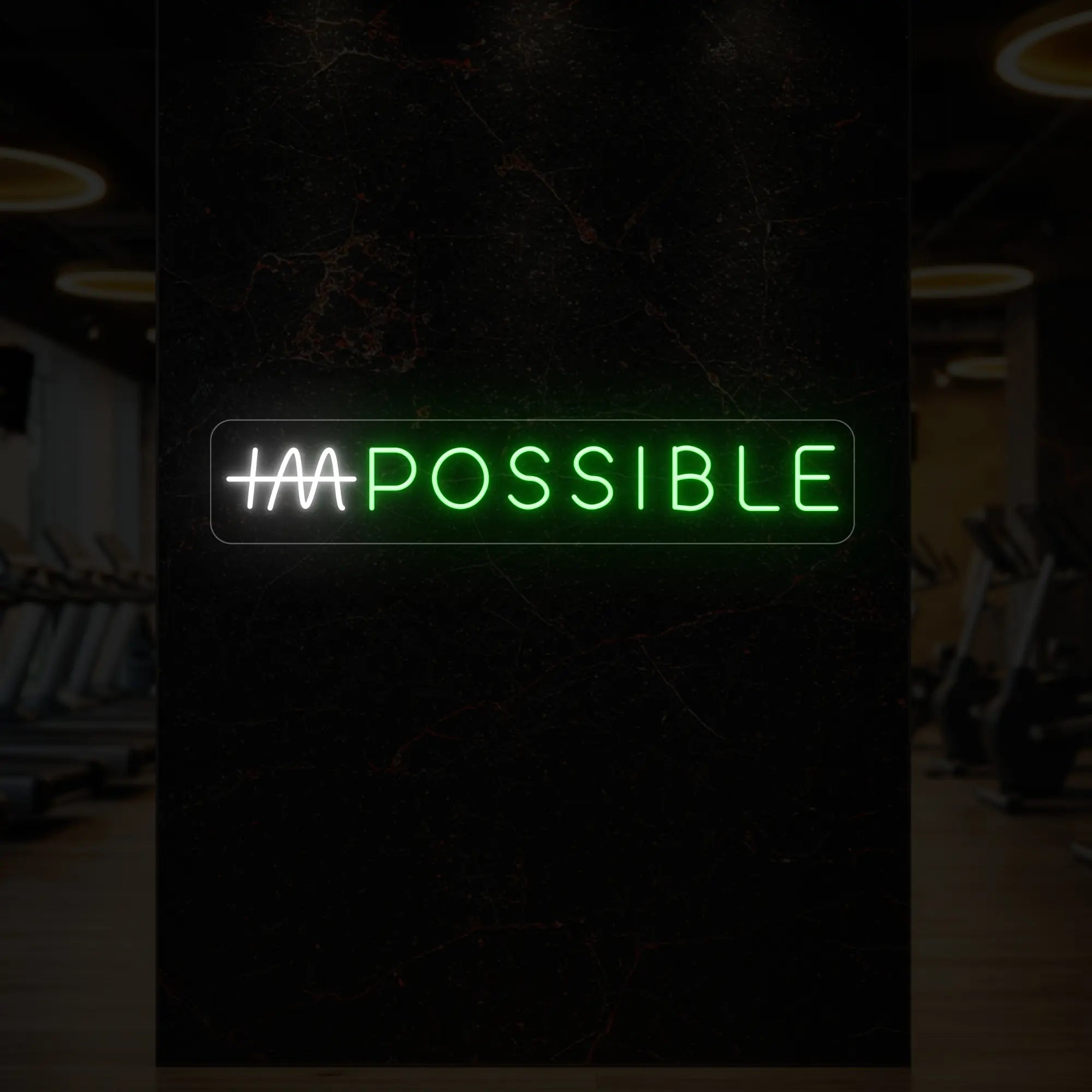 'IMPOSSIBLE' neon sign with the “IM” crossed out, glowing in green and cool white against a styled interior wall.