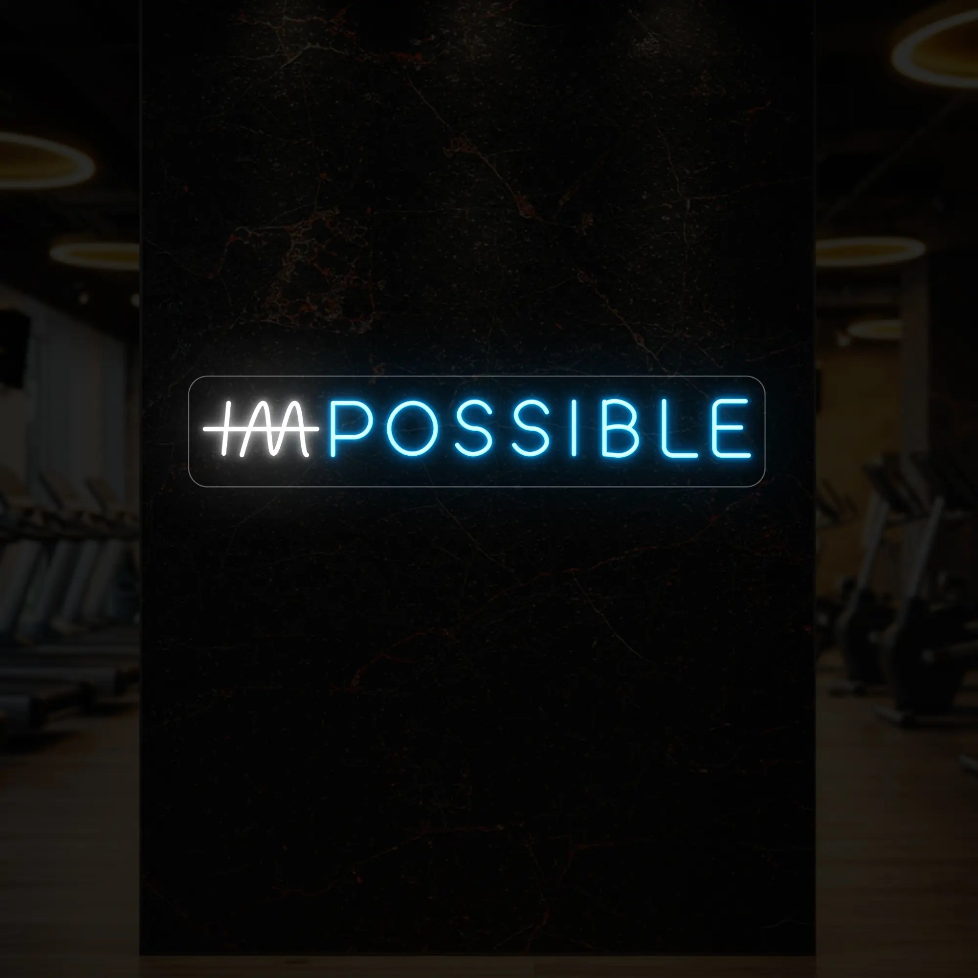 'IMPOSSIBLE' neon sign with the “IM” crossed out, glowing in ice blue and cool white against a styled interior wall.