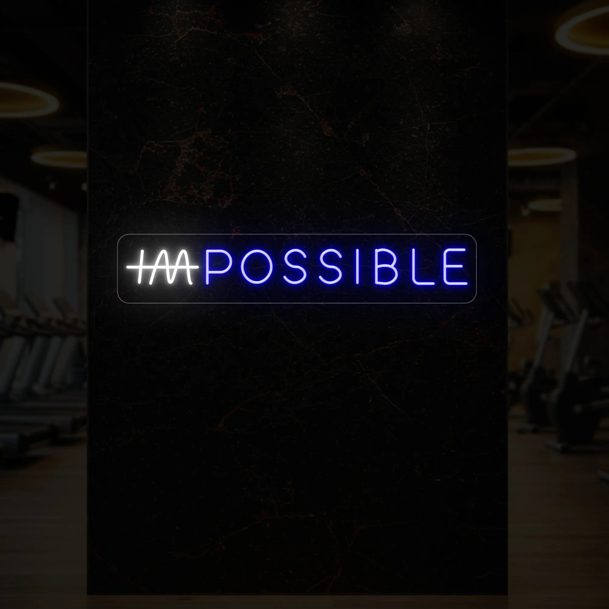 'IMPOSSIBLE' neon sign with the “IM” crossed out, glowing in deep blue and cool white against a styled interior wall.