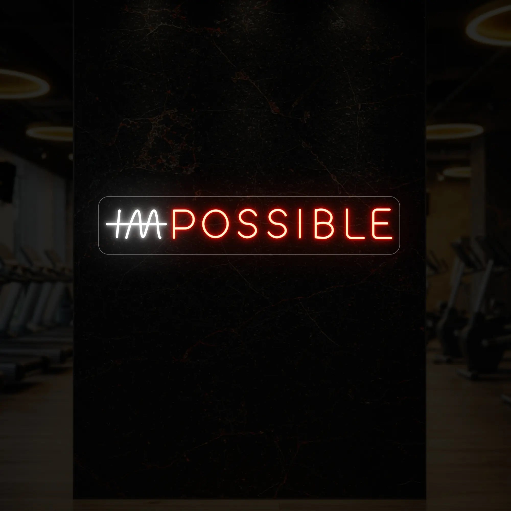 'IMPOSSIBLE' neon sign with the “IM” crossed out, glowing in golden yellow and cool white against a styled interior wall.