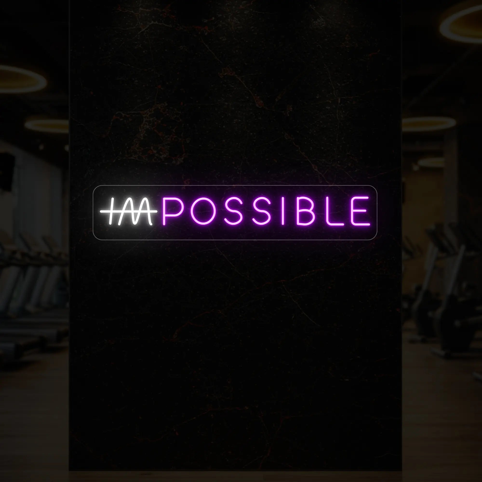 'IMPOSSIBLE' neon sign with the “IM” crossed out, glowing in deep pink and cool white against a styled interior wall.