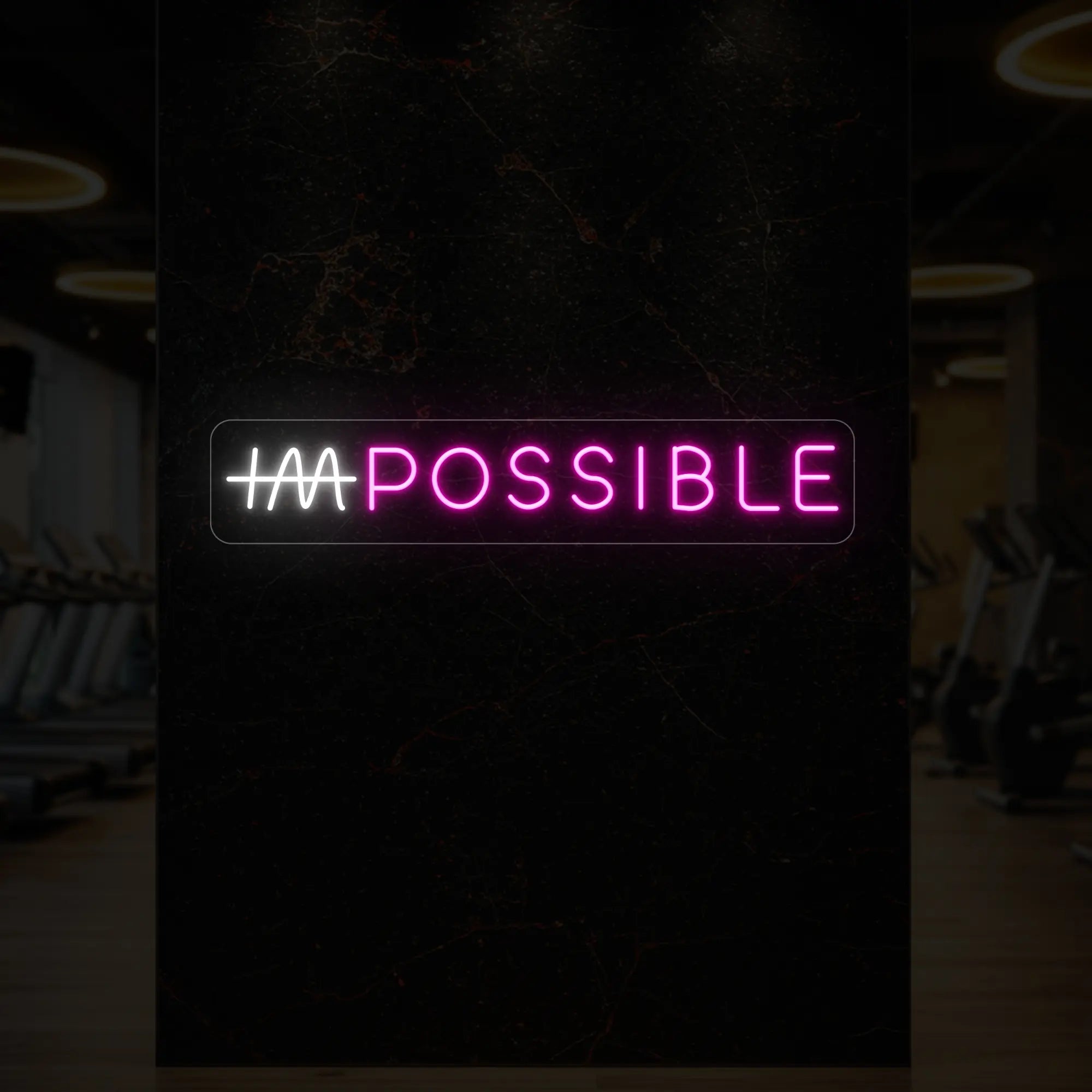 'IMPOSSIBLE' neon sign with the “IM” crossed out, glowing in light pink and cool white against a styled interior wall.