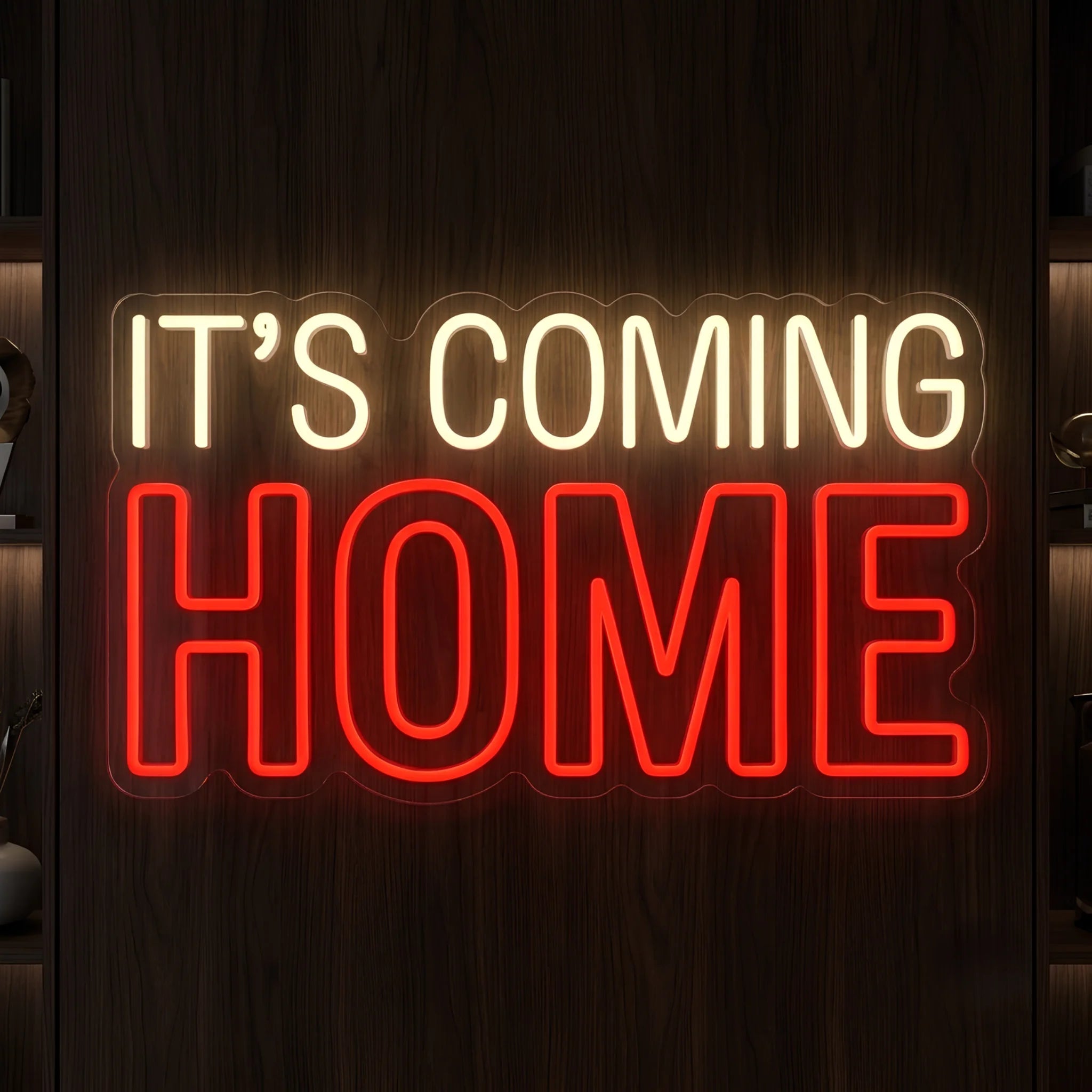 It's Coming Home LED neon sign featuring illuminated England football supporter slogan in red and warm white