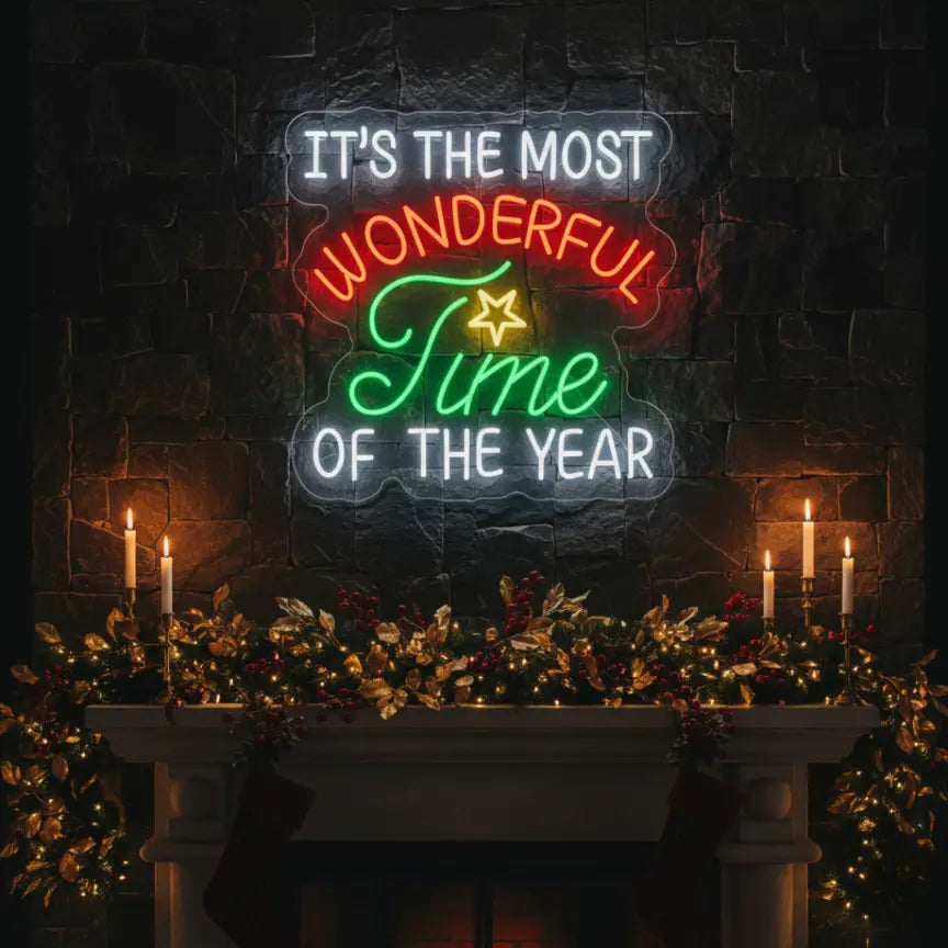 Photo of the 'It’s the Most Wonderful Time of the Year V2' neon sign glowing in multicolor against a styled interior wall.