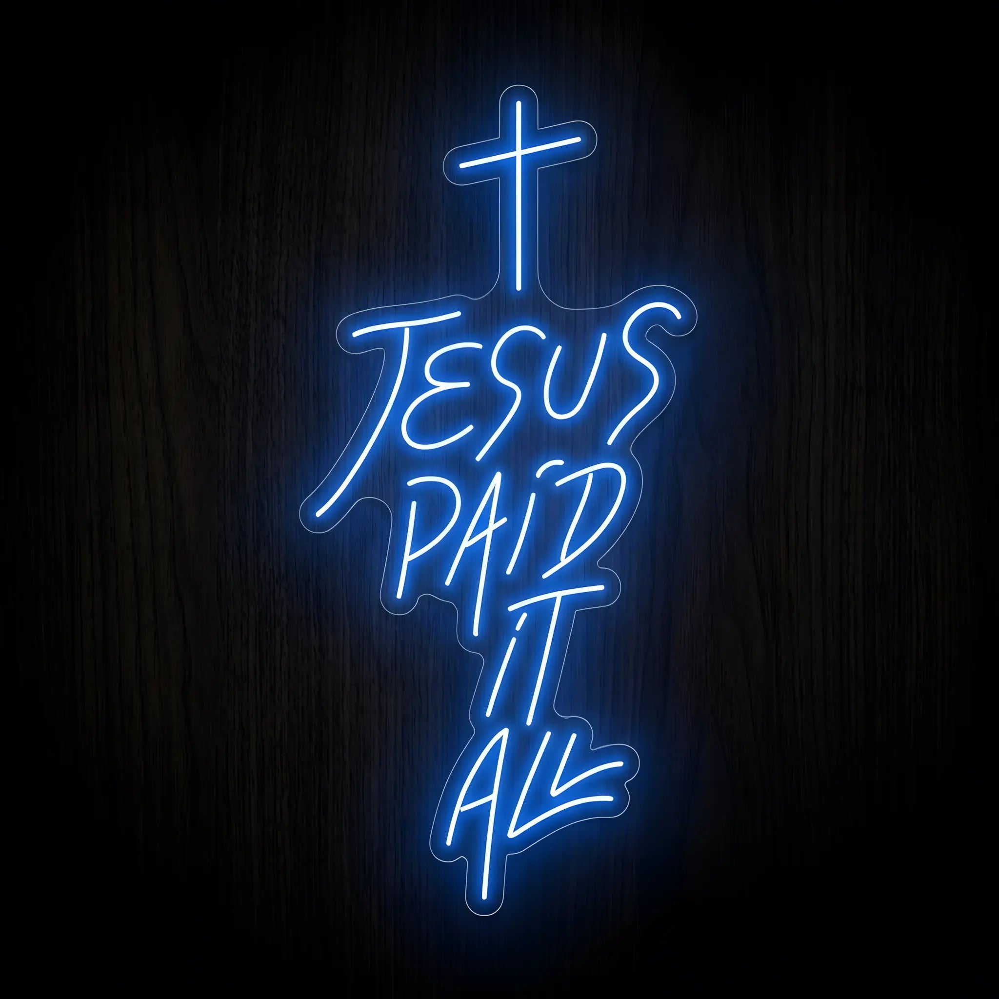 Jesus Paid It All LED neon sign featuring a Christian cross with vibrant blue illumination on a precision-cut clear acrylic backing for inspirational Christian wall decor.