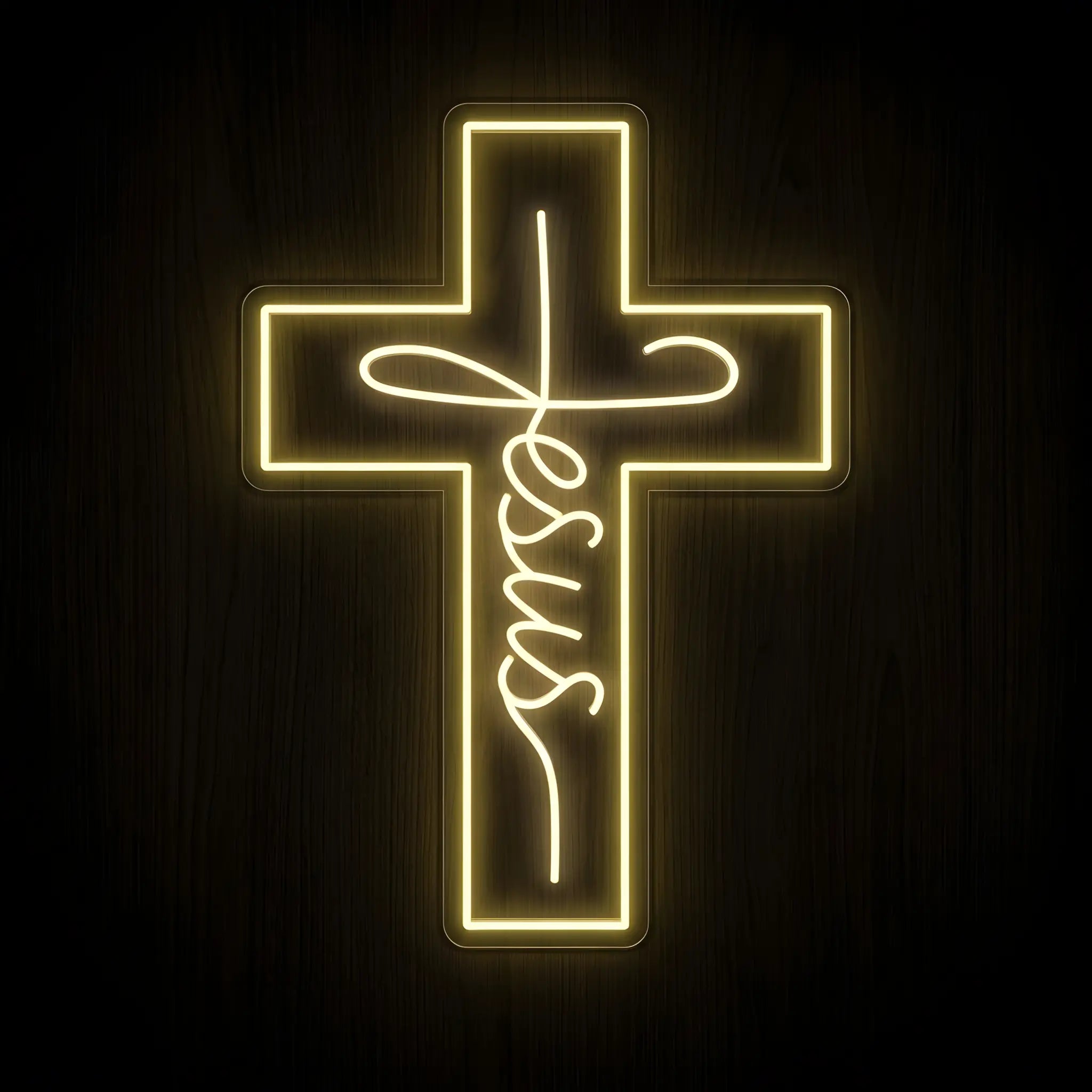 Jesus Cross LED neon sign featuring the name Jesus incorporated into a glowing cross design with warm white illumination on a precision-cut clear acrylic backing.