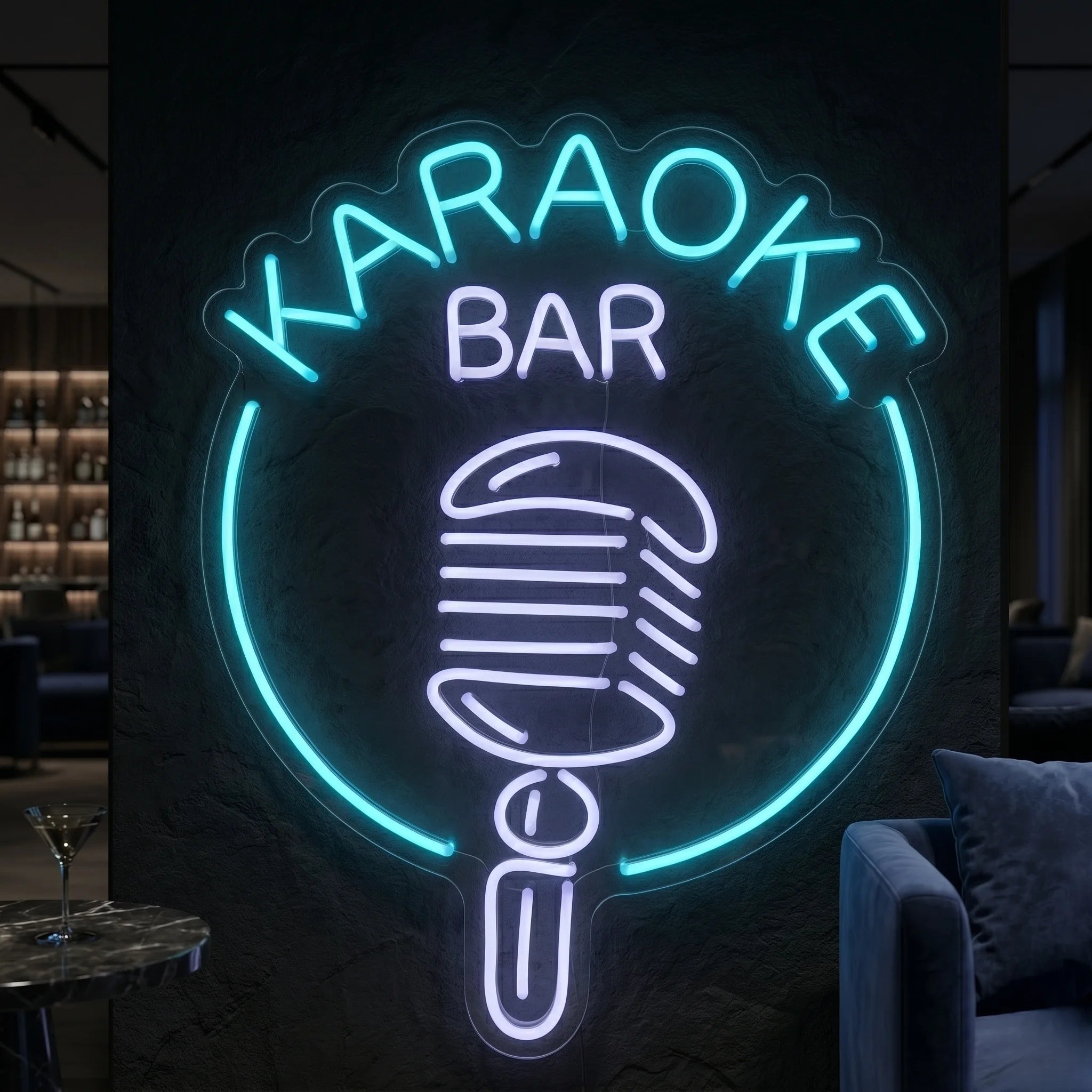 Photo of the 'Karaoke Bar' neon sign glowing in ice blue and cool white against a styled interior wall.