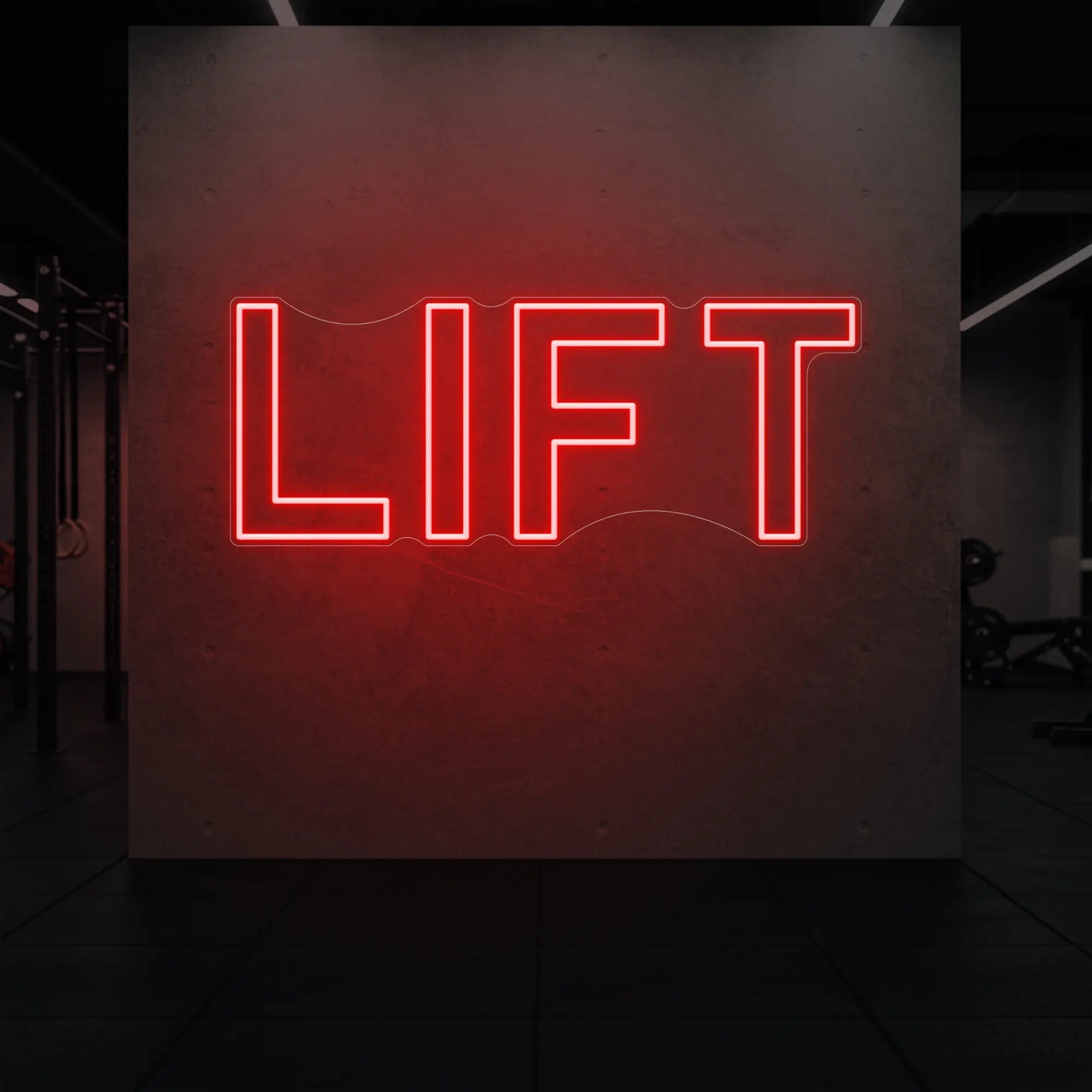 'LIFT' neon sign glowing in red against a styled interior wall.