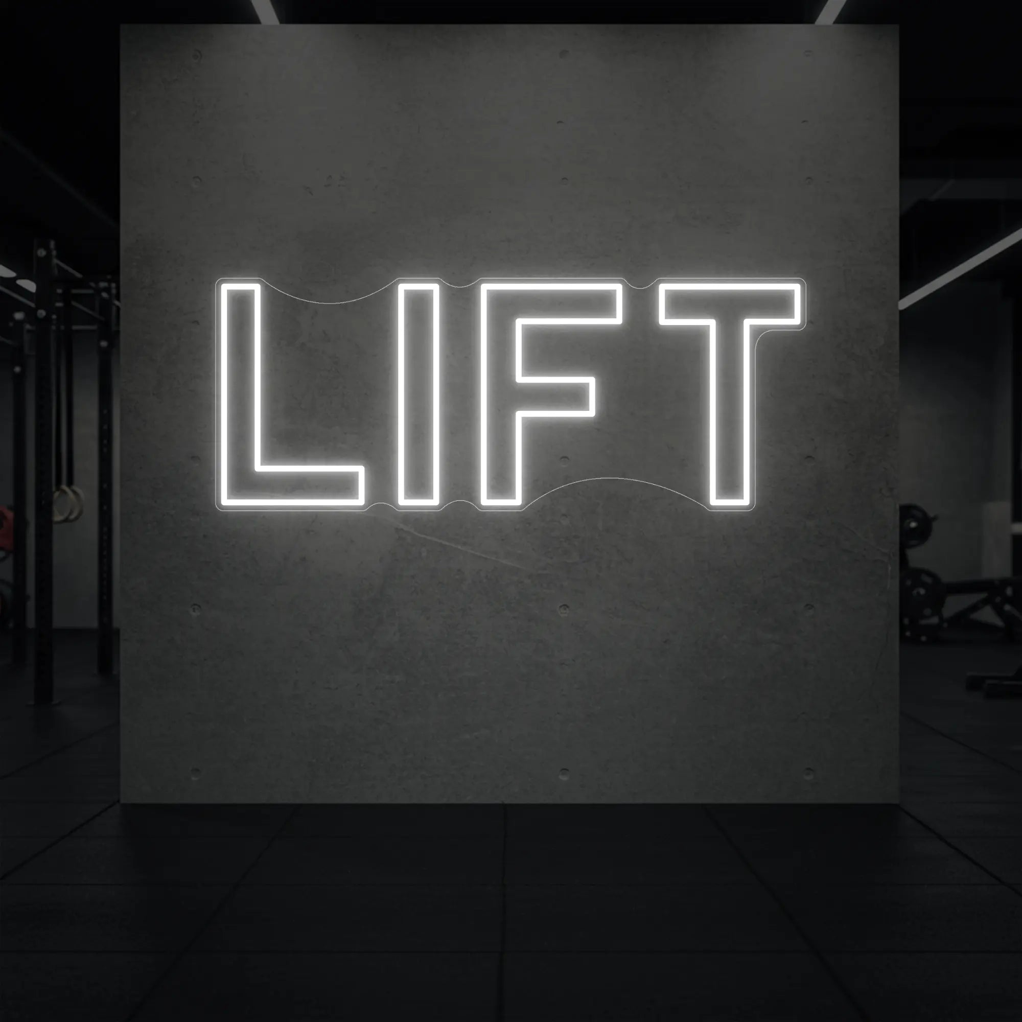 'LIFT' neon sign glowing in cool white against a styled interior wall.