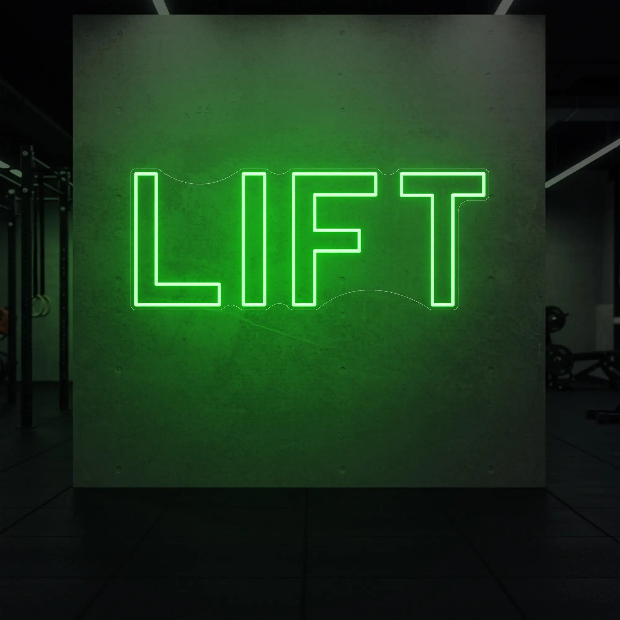 'LIFT' neon sign glowing in green against a styled interior wall.