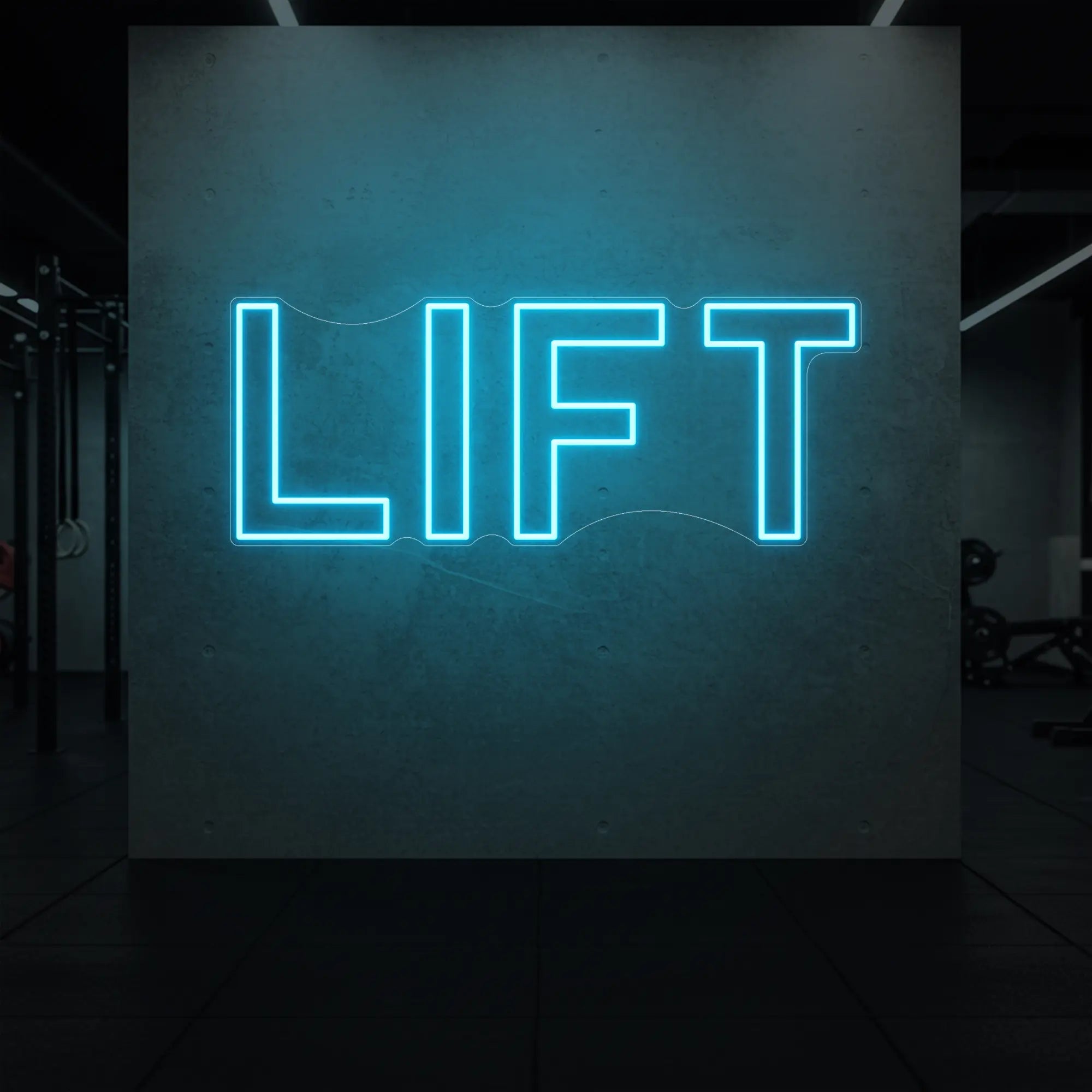 'LIFT' neon sign glowing in ice blue against a styled interior wall.