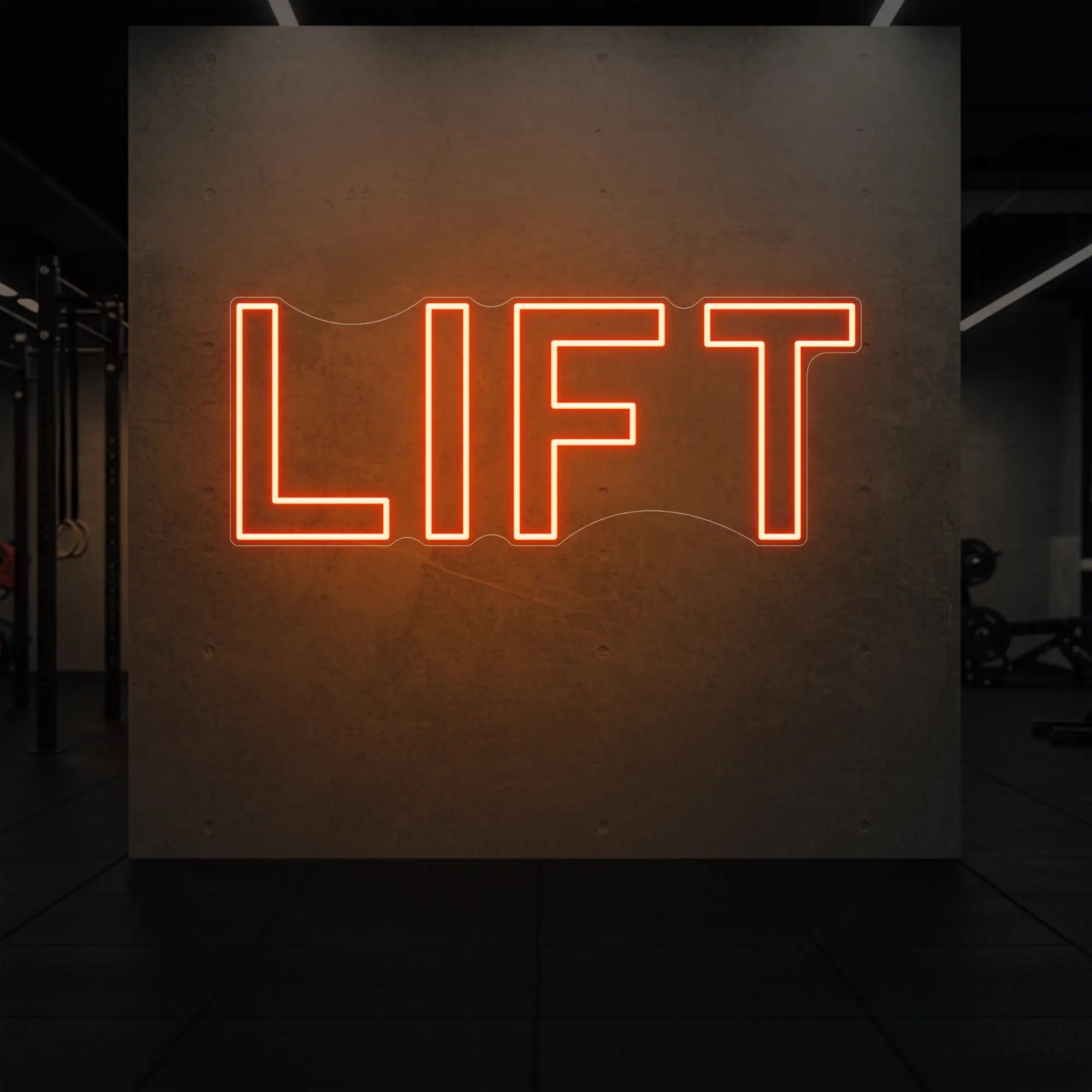 'LIFT' neon sign glowing in golden yellow against a styled interior wall.
