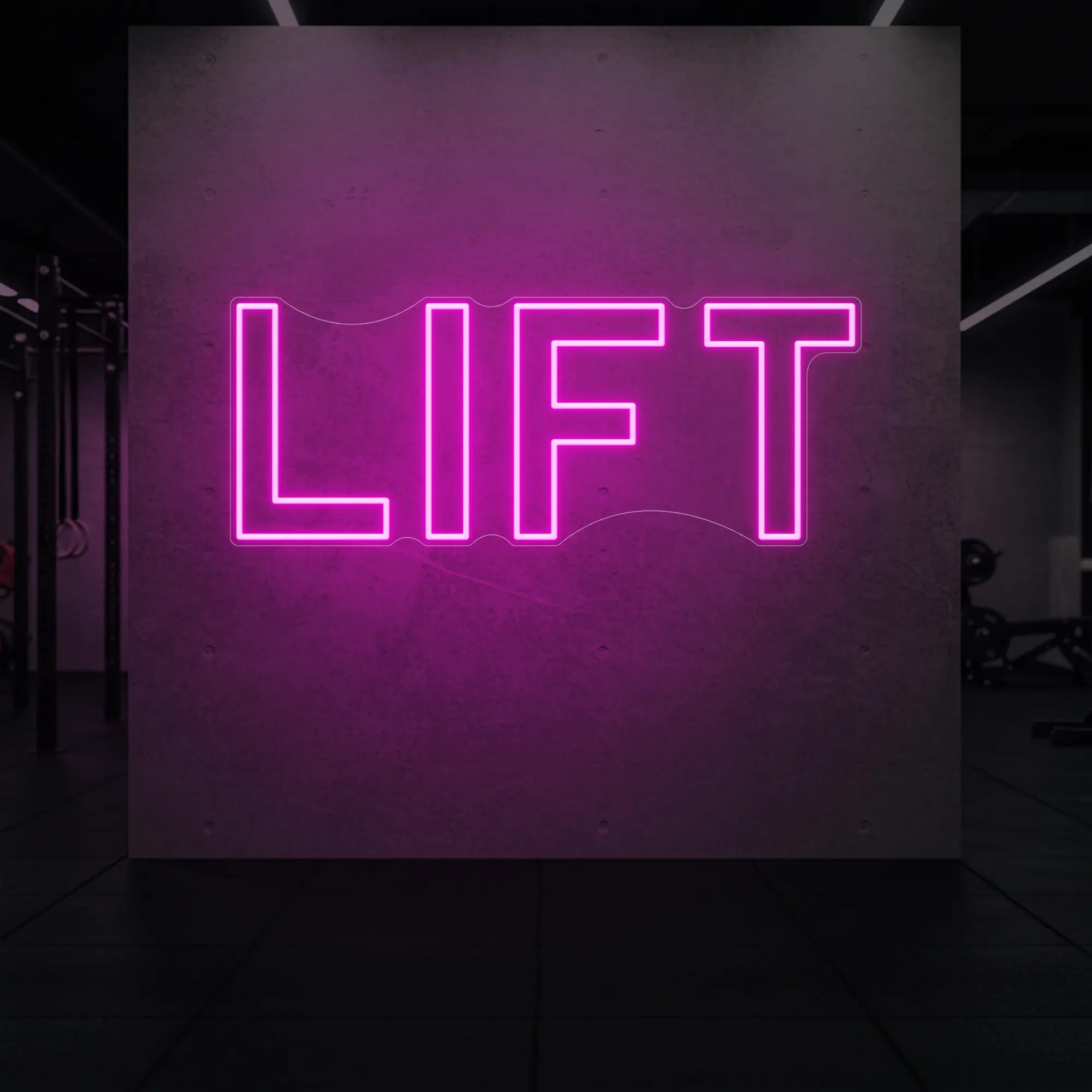 'LIFT' neon sign glowing in light pink against a styled interior wall.