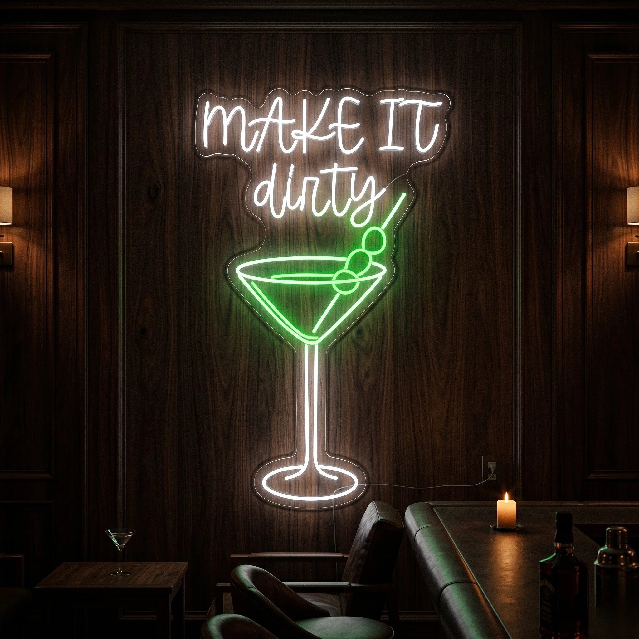 Photo of the 'Make It Dirty' neon sign glowing in multi-color against a styled interior wall.