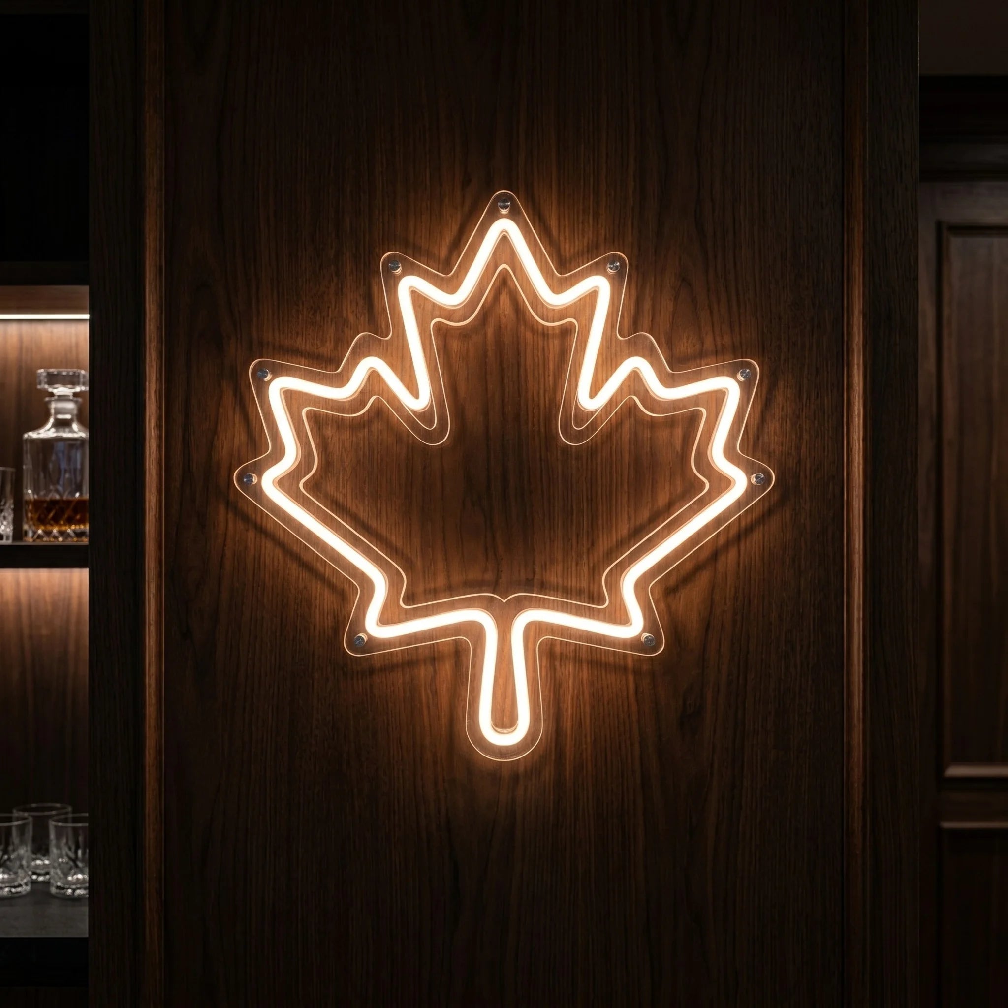 Canada football neon sign glowing on dark wood wall in premium sports room setting