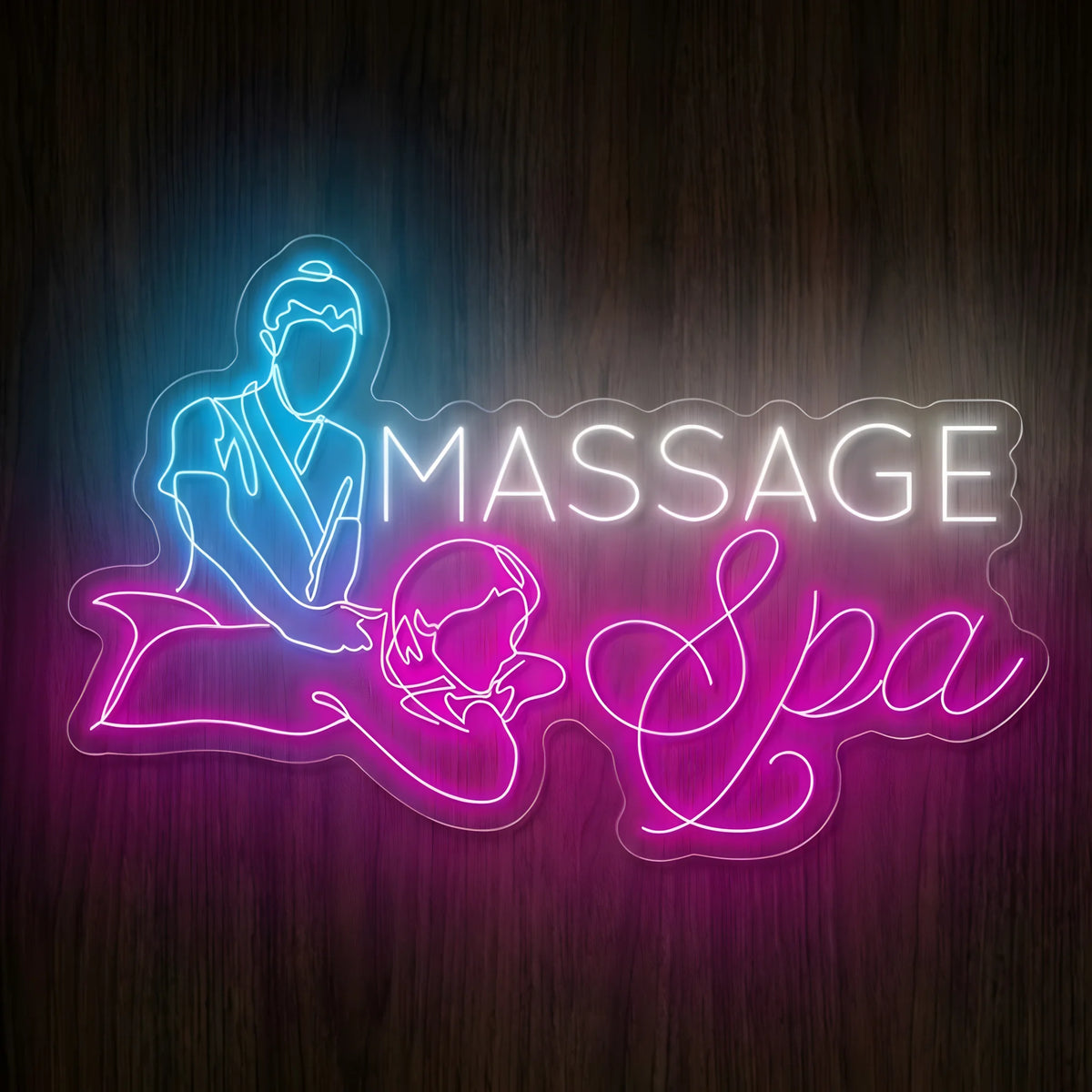 Massage Spa Treatment LED Neon Sign featuring blue massage therapist illustration, white MASSAGE lettering, and pink Spa script with a reclining client on clear acrylic against a dark wooden wall.