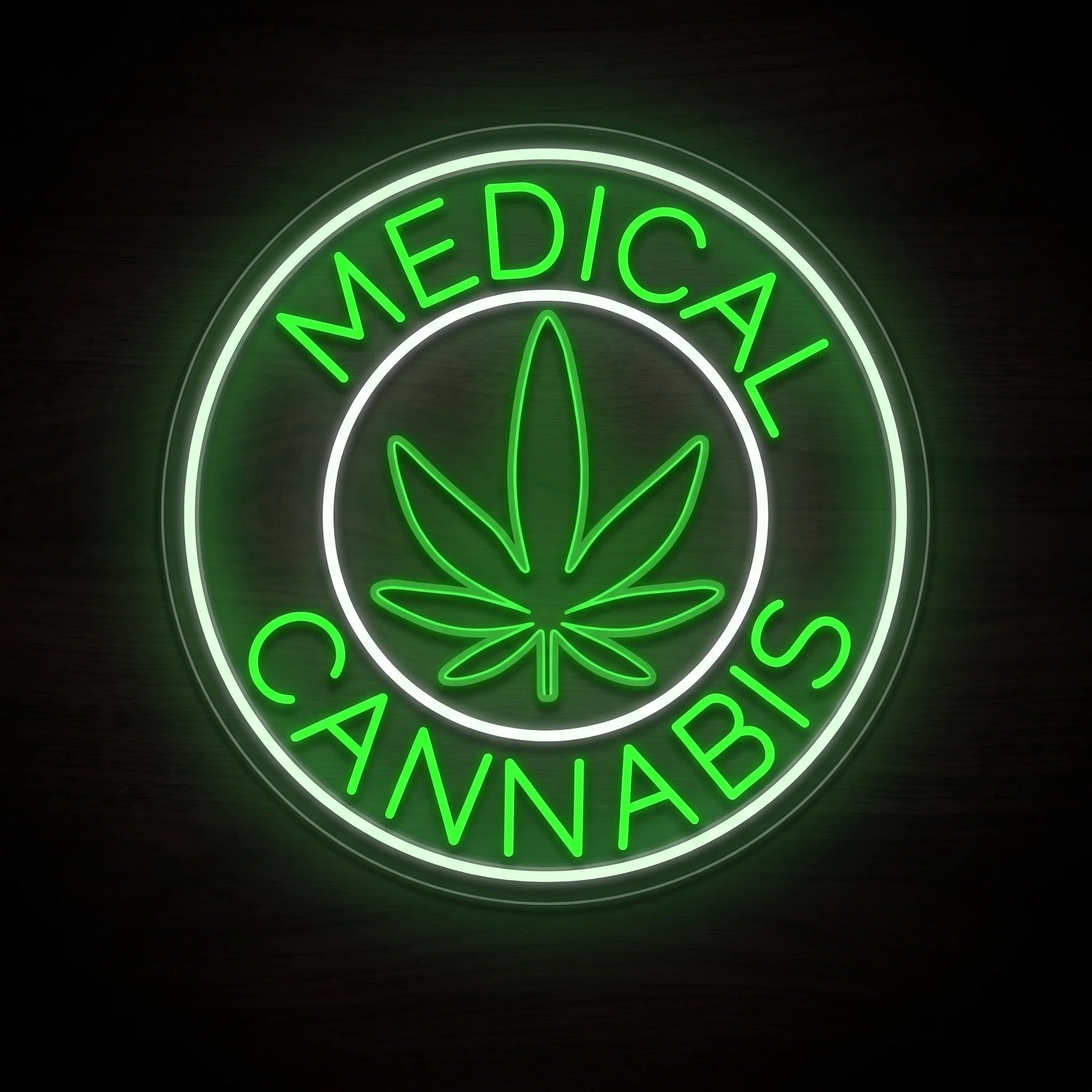 Medical Cannabis Badge LED neon sign featuring a green cannabis leaf inside a white circular badge with Medical Cannabis lettering on a clear acrylic backboard.