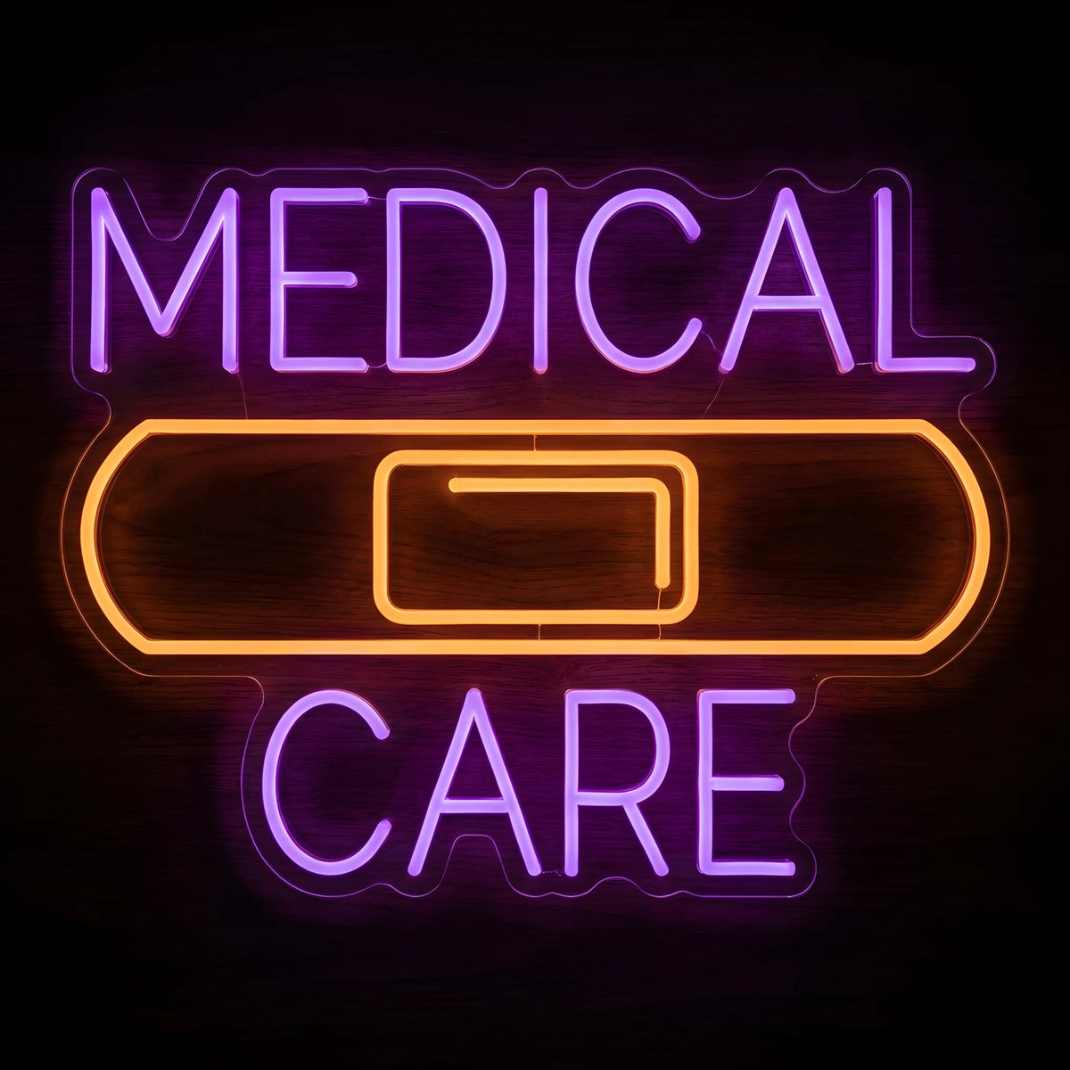 Medical Care Bandage LED Neon Sign featuring glowing purple MEDICAL CARE lettering and a bright orange adhesive bandage design on clear acrylic backing against a dark wooden wall.