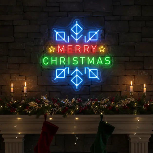 Photo of the 'Merry Christmas in a Snowflake' neon sign glowing in Multicolor against a styled interior wall.